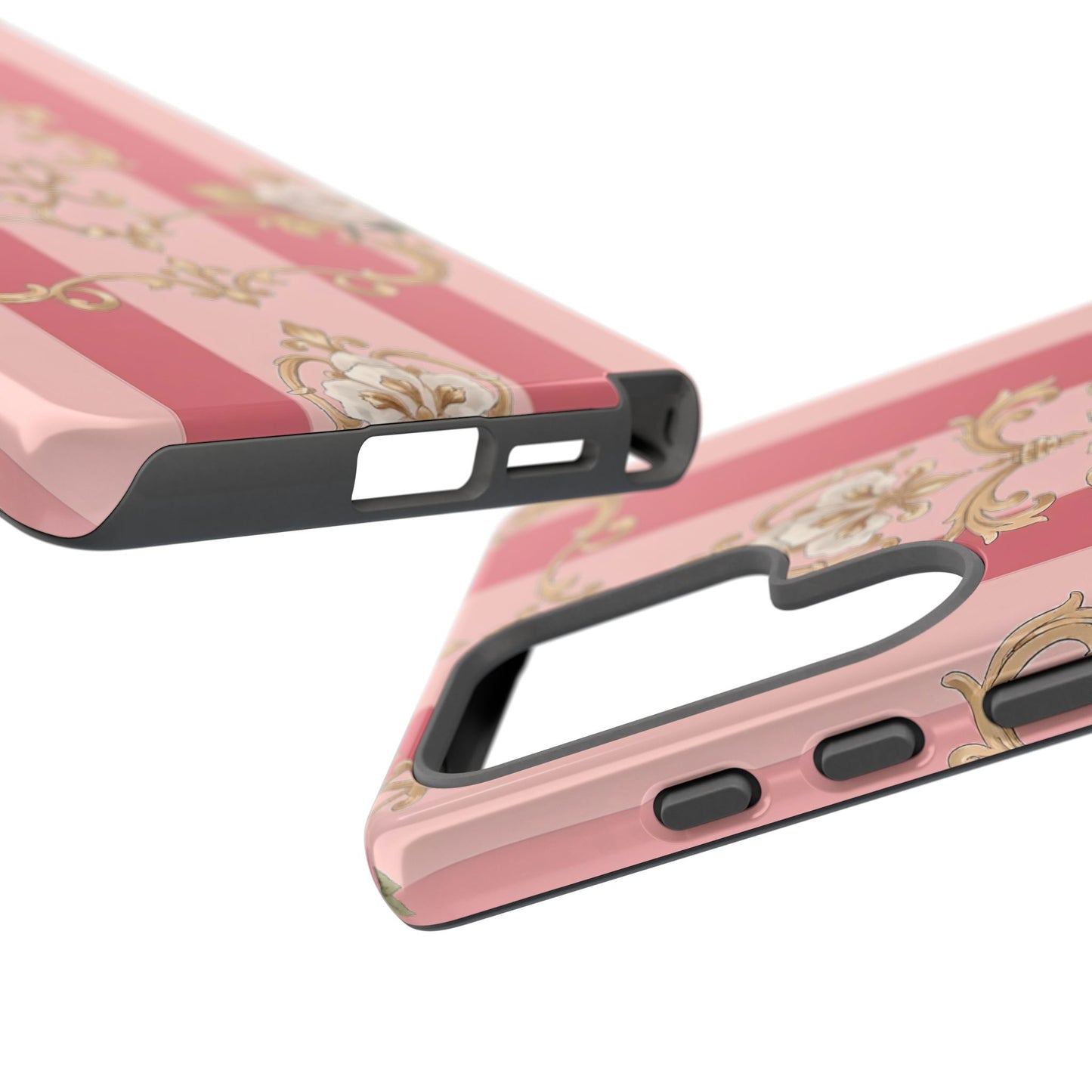 Elegant Floral Motif Phone Case - Tough Cases with Vintage Design - Pink Striped Roses & Damask