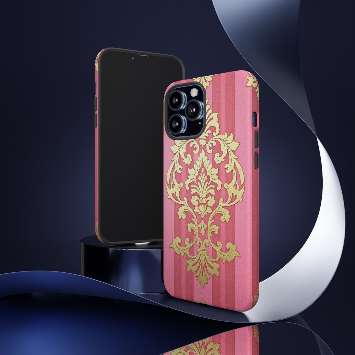 Elegant Floral Motif Phone Case - Tough Cases with Vintage Design - Pink Striped Damask