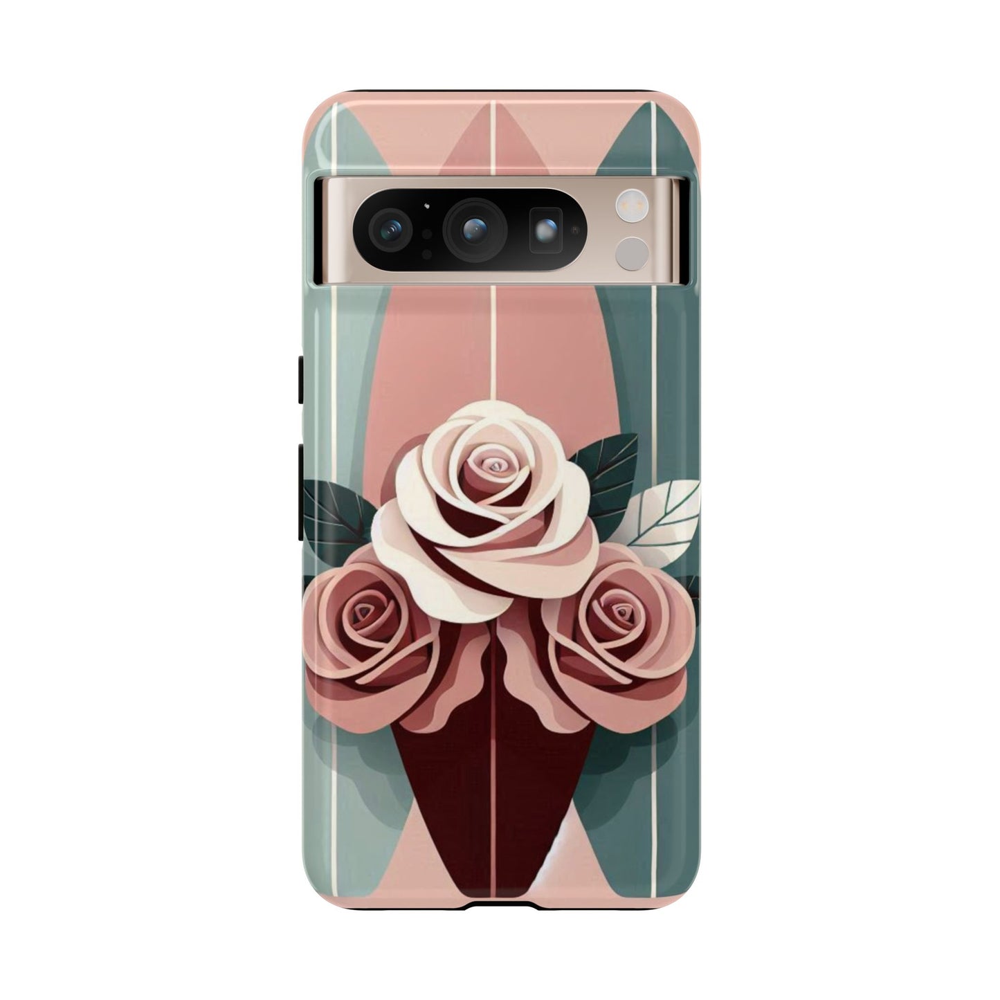 Phone Case - Burgundy, Matte Mauve & Teal Surfboard & Roses Design
