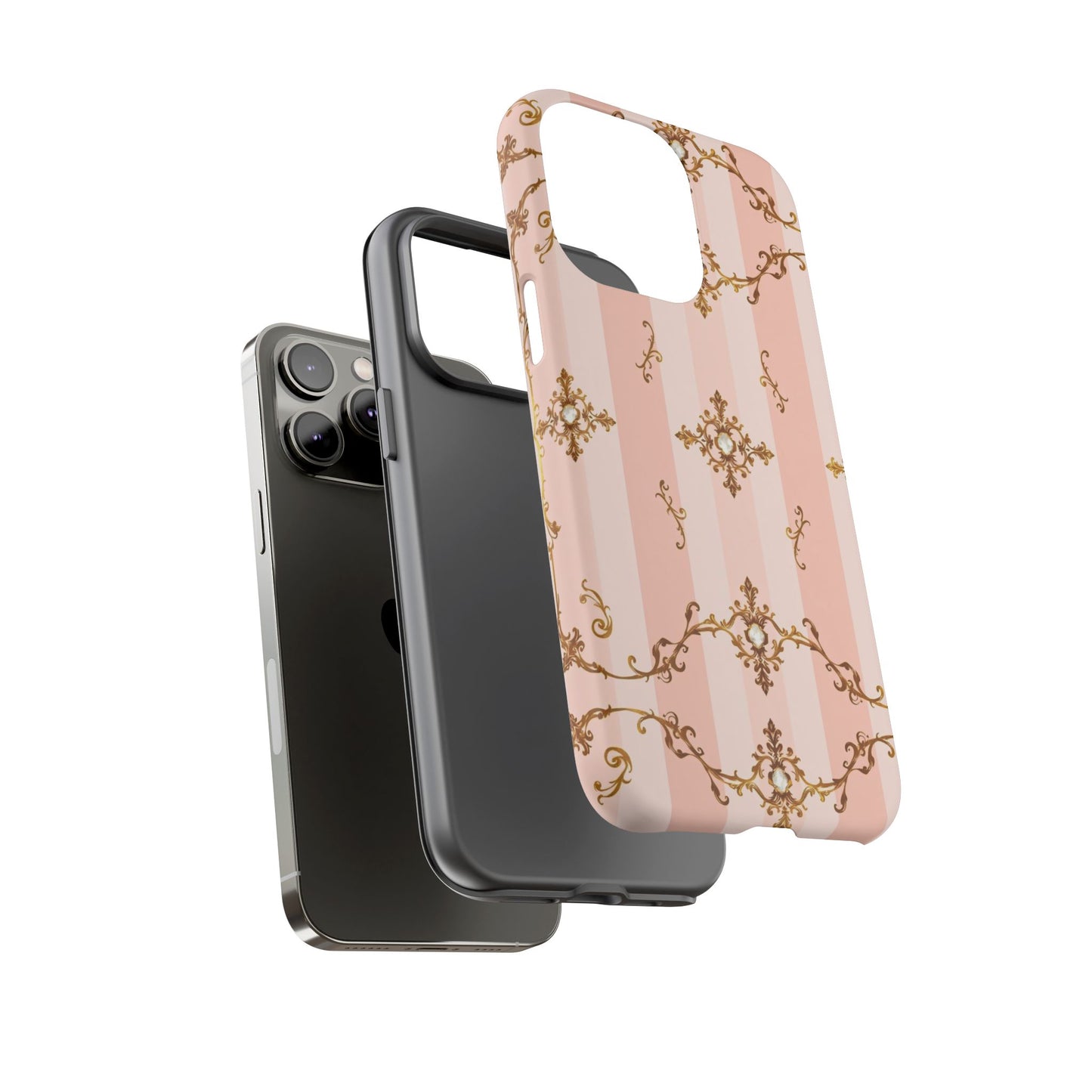 Elegant Floral Phone Case, Tough Cases for Women, Trendy Phone Cover, Chic Gift - Pink Jeweled Striped Gold Baroque