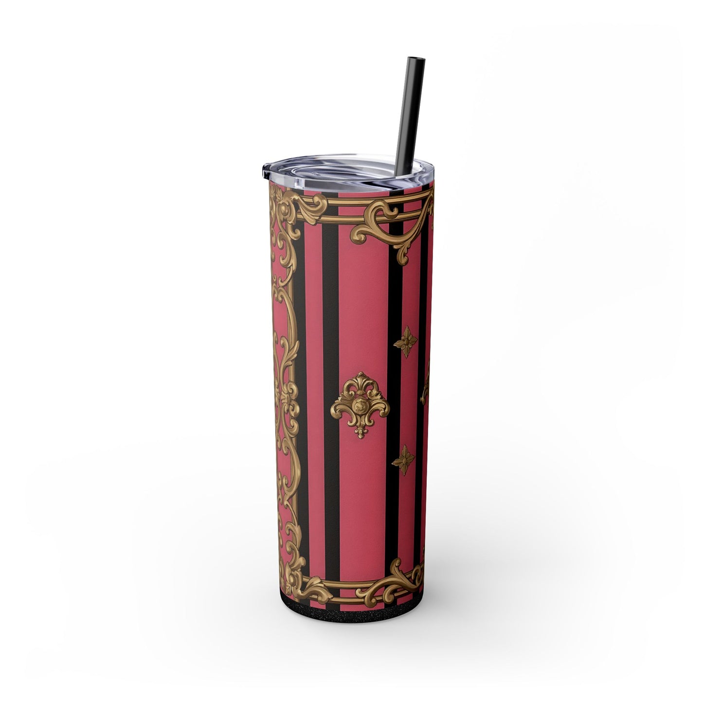 Elegant Pink Striped Skinny Tumbler with Straw, 20oz, Stylish Drinkware, Custom Gift Idea, Travel Mug, Wedding Gift - Pink Striped Gold Rococo