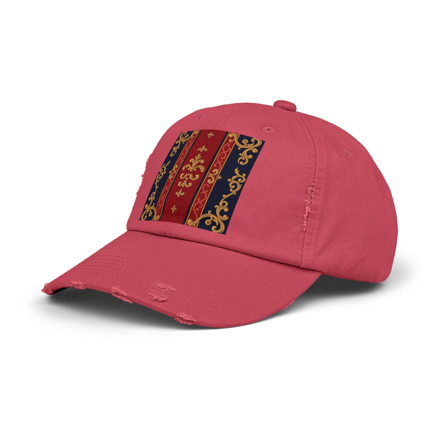 Vintage-Inspired Distressed Cap, Stylish Hat, Perfect Gift for Friends, Fashion Accessory, Unisex Headwear - Midnight Blue & Dusk Red Gold Baroque