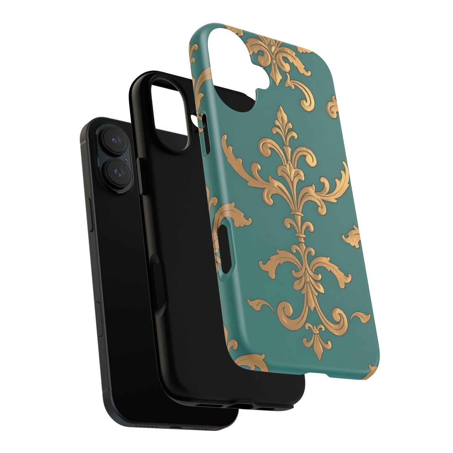 Elegant Floral Motif Phone Case - Tough Cases with Vintage Design - Aqua & Gold Damask