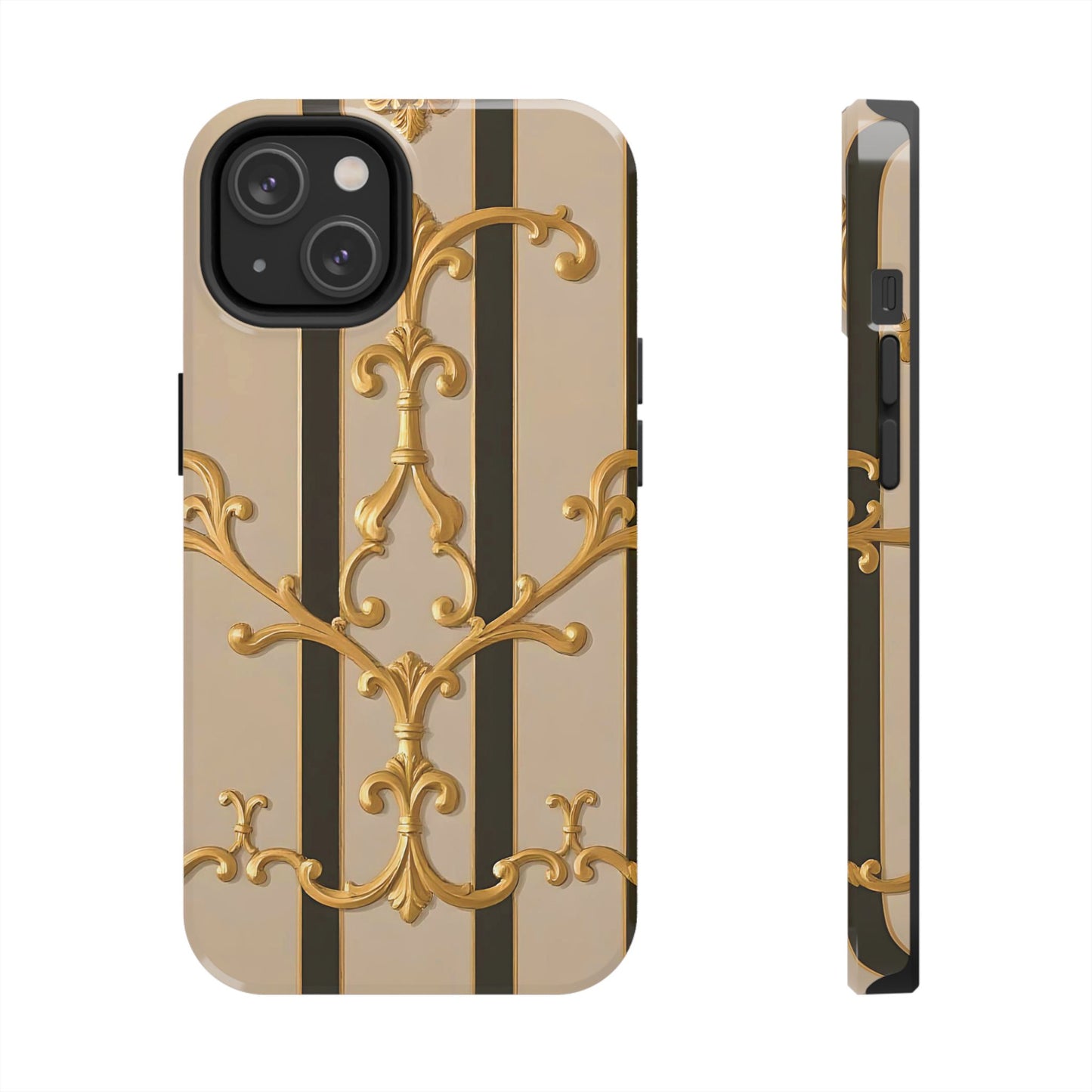 Elegant Vintage Tough Phone Case, Stylish Phone Cover, Boho Accessories, Perfect Gift for Her - Beige Striped Gold Rococo