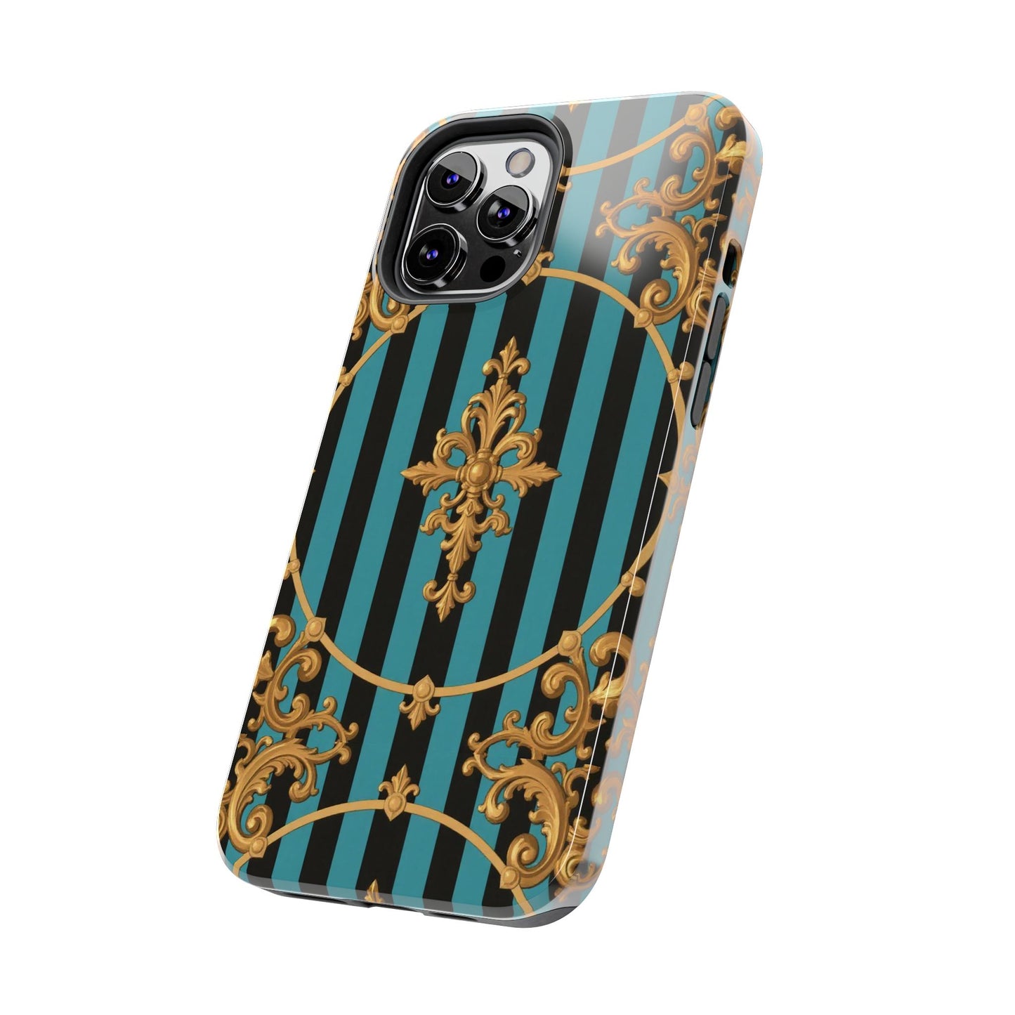 Elegant Turquoise & Black Striped Gold Baroque Phone Case, Tough Phone Cases for Fashion Lovers, Gift for Her, Luxury Accessories