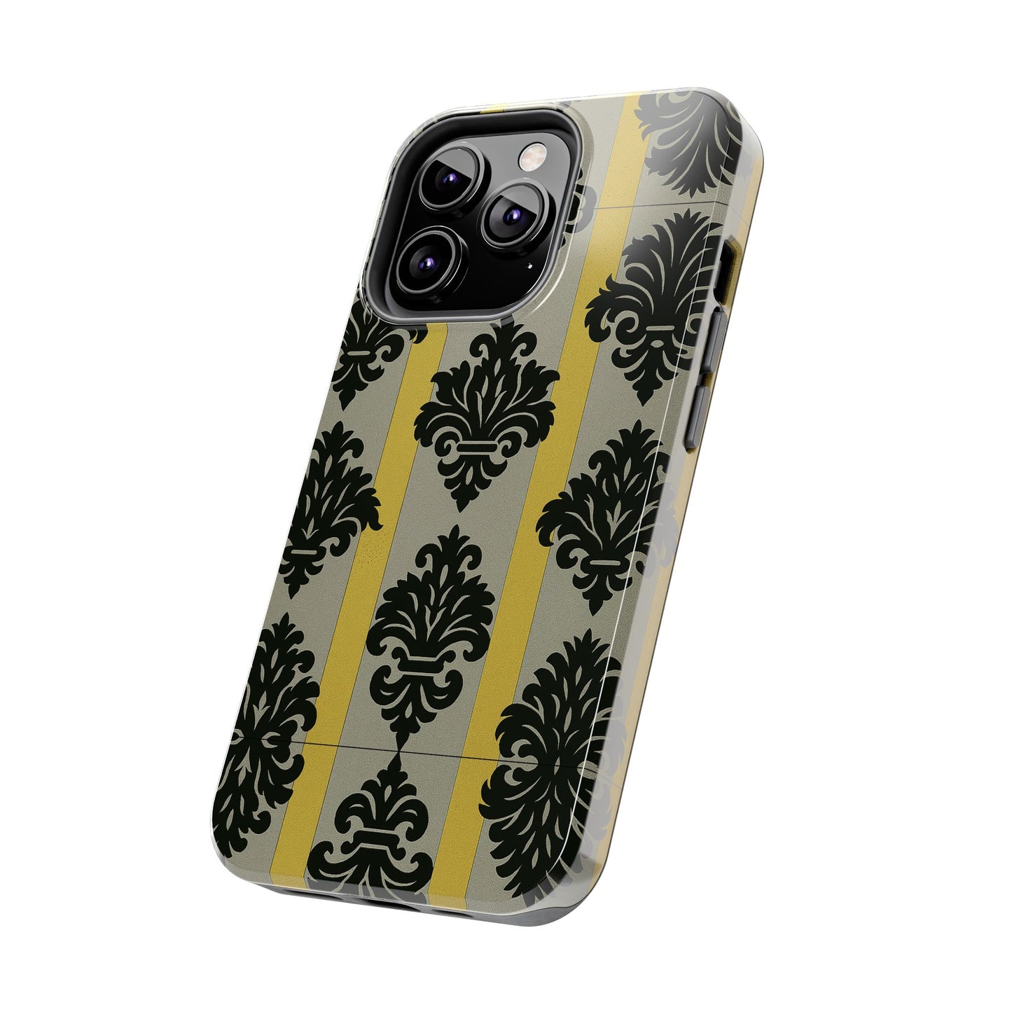 Elegant Baroque Tough Phone Cases | Chic Phone Protection | Gift for Her | Stylish Accessory | Holiday Gift Idea | Silver & Gold Striped Black Baroque