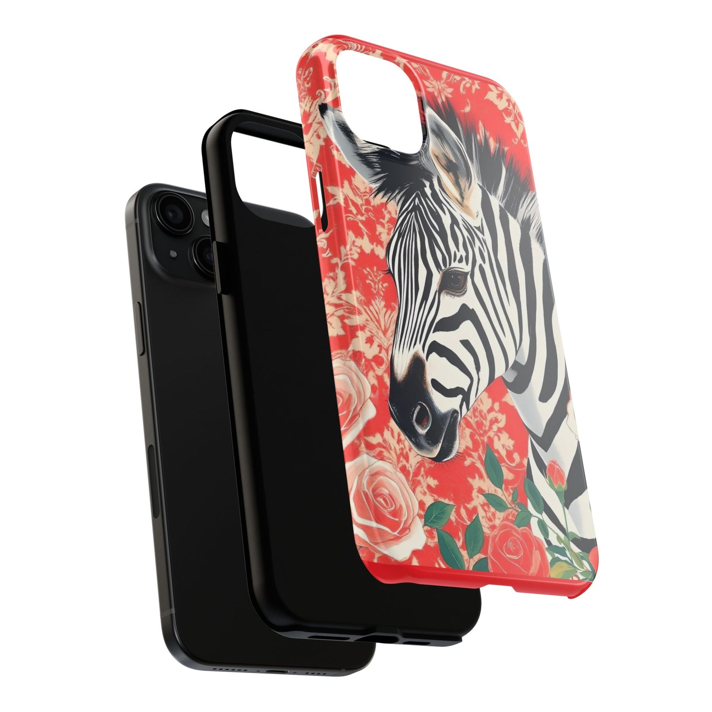 Zebra Tough Phone Case - Trendy Floral Design for Animal Lovers - Zebra With Coral Roses & Damask