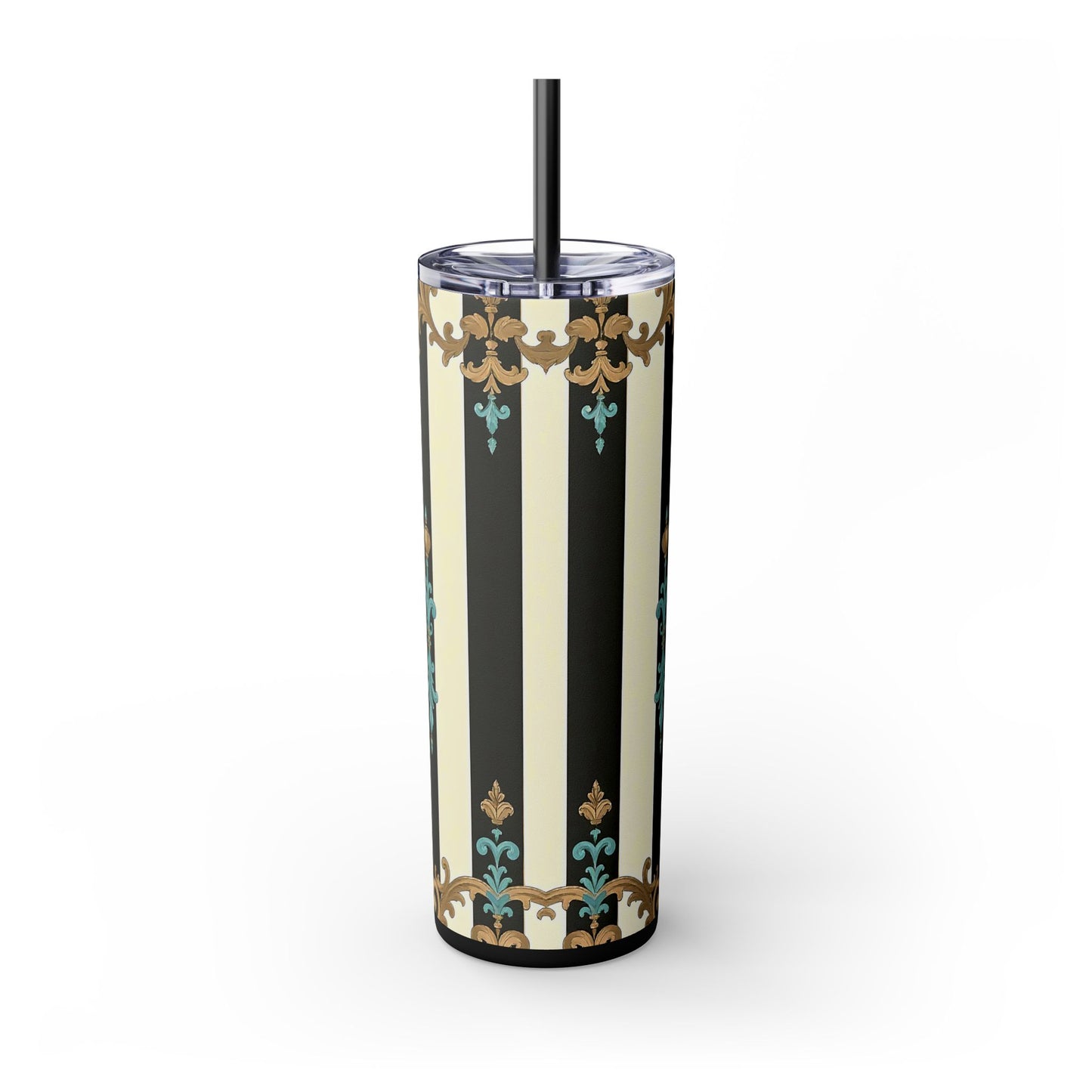 Elegant Stripe Skinny Tumbler | 20oz | Ideal Gift for Home, Office, Travel, Party, or Everyday Use - Black Striped Turquoise & Black Rococo