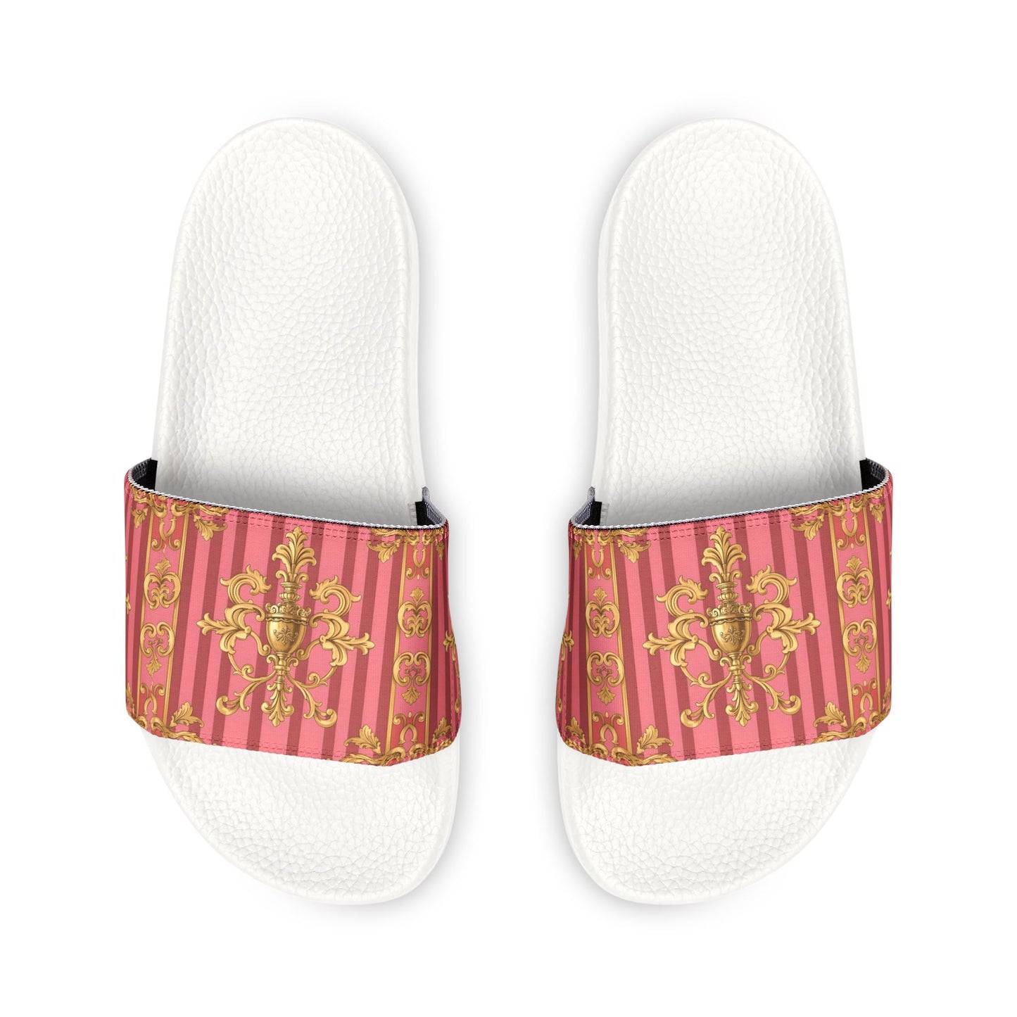 Chic Women's Removable-Strap Slides, Trendy Summer Footwear, Vacation Must-Have, Beach Sandals - Pink Striped Gold Baroque