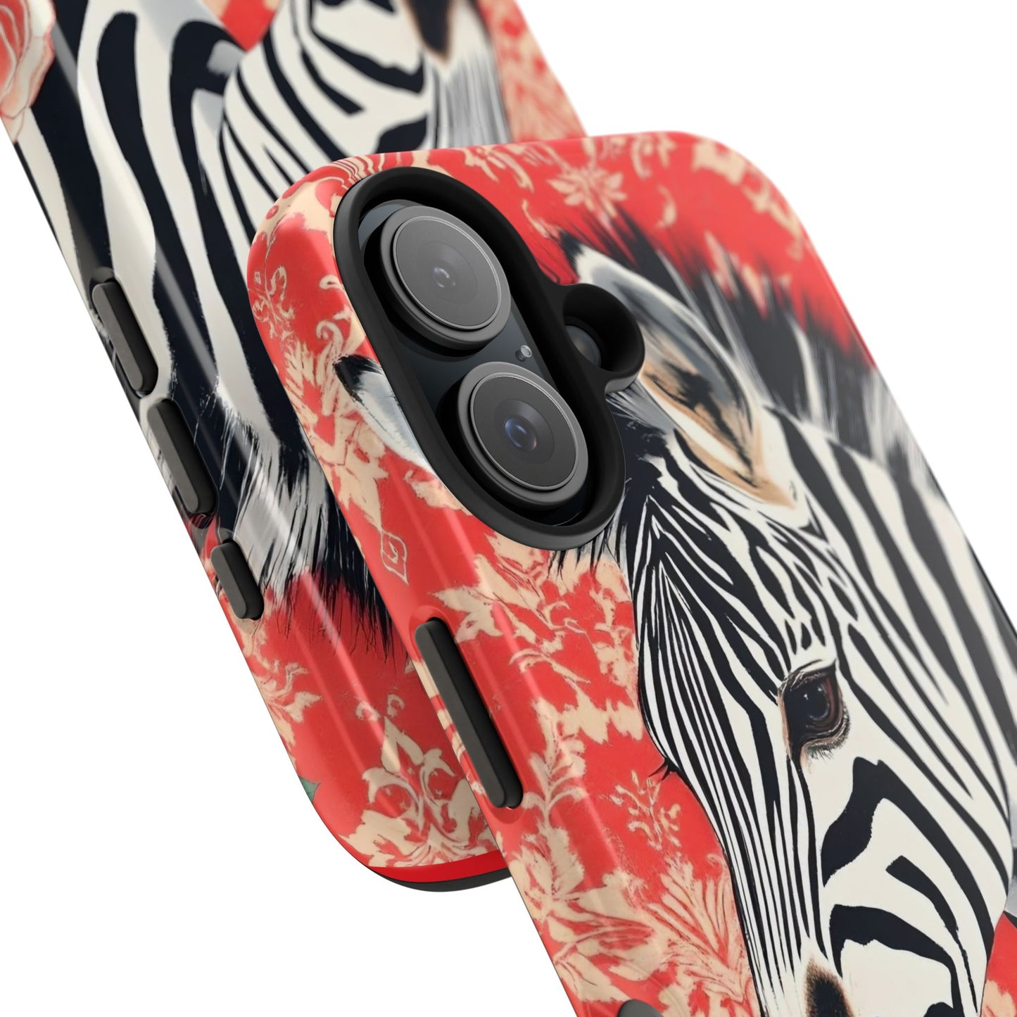 Zebra Tough Phone Case - Trendy Floral Design for Animal Lovers - Zebra With Coral Roses & Damask