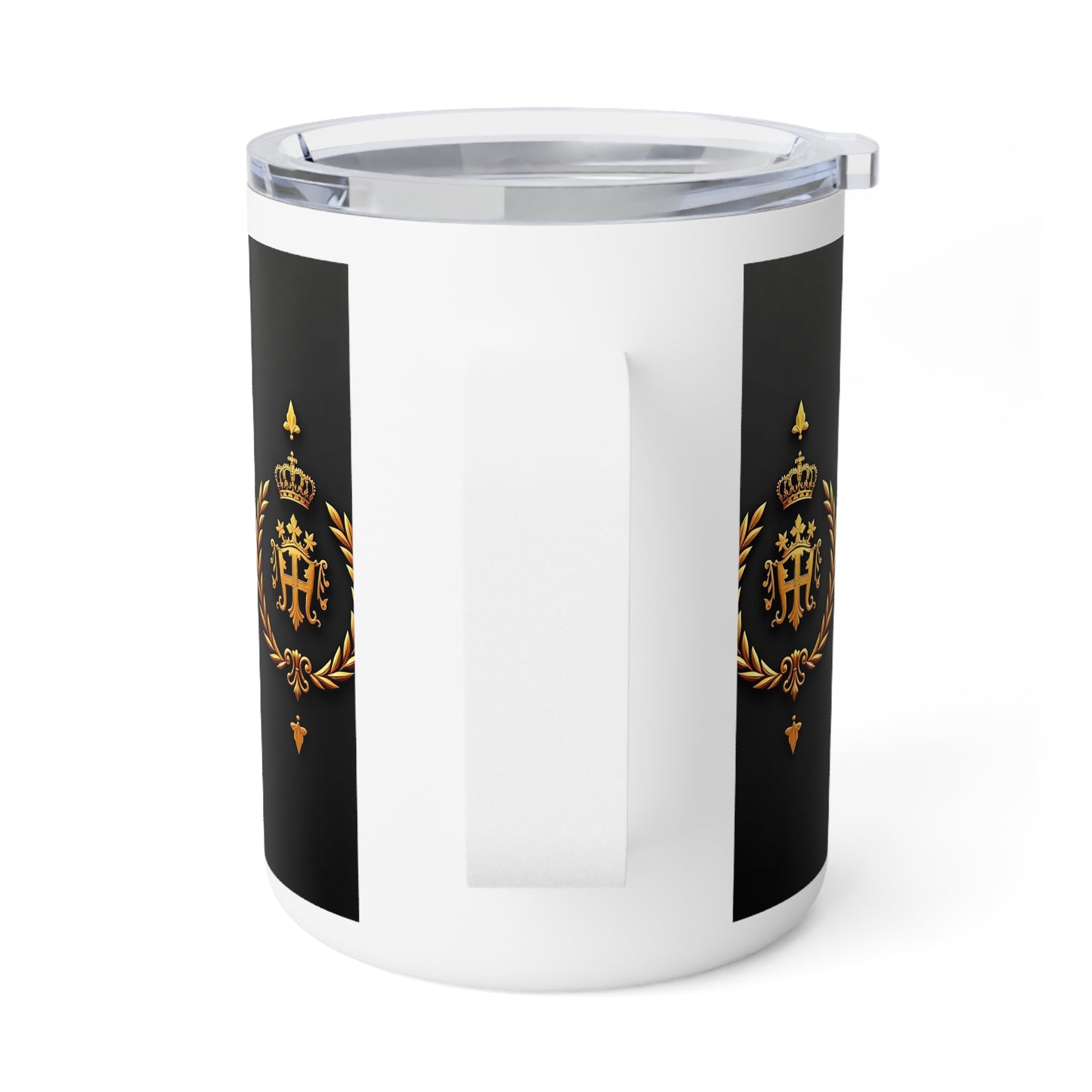Elegant Insulated Coffee Mug - Royal Emblem Travel Cup, Perfect Gift for Coffee Lovers, Home Decor, Wedding Favors - Pink Striped Gold Crest