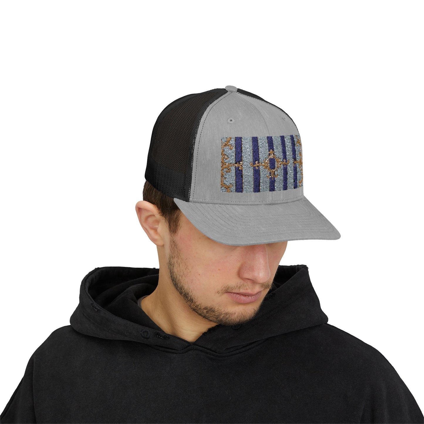 Stylish Snapback Trucker Cap with Vibrant Pattern, Trendy Hat for Outdoor Adventures, Casual Wear - Striped Gold Baroque