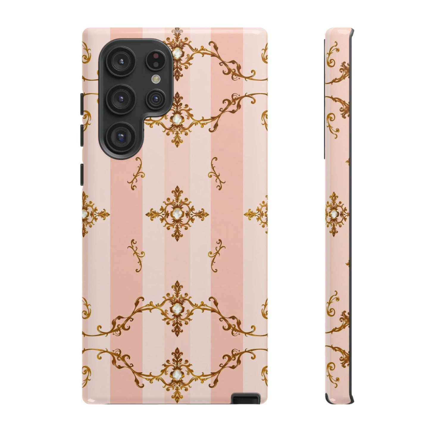 Elegant Floral Phone Case, Tough Cases for Women, Trendy Phone Cover, Chic Gift - Pink Jeweled Striped Gold Baroque