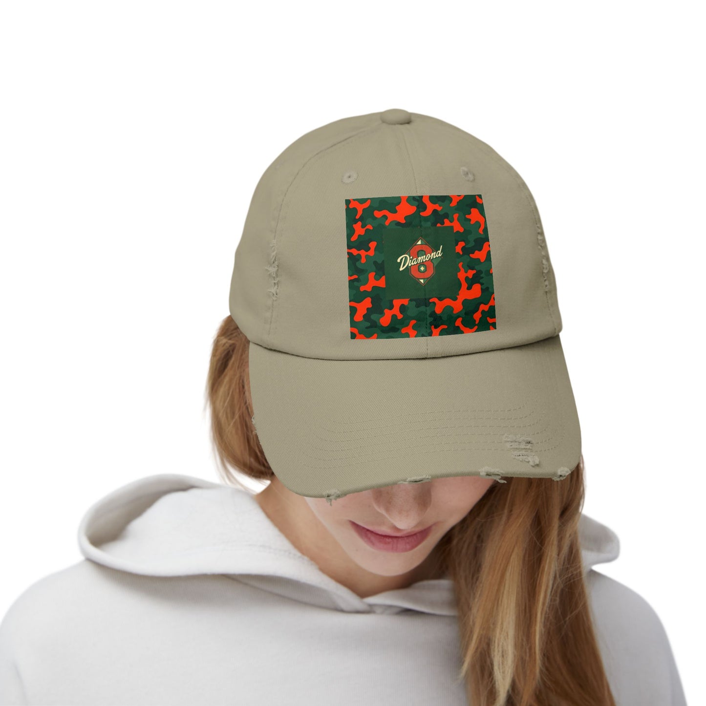 Trendy Distressed Cap - Casual Streetwear Accessory, Perfect for Outdoor Adventures, Gifts, Everyday Style - Green & Orange Camo Diamon 8
