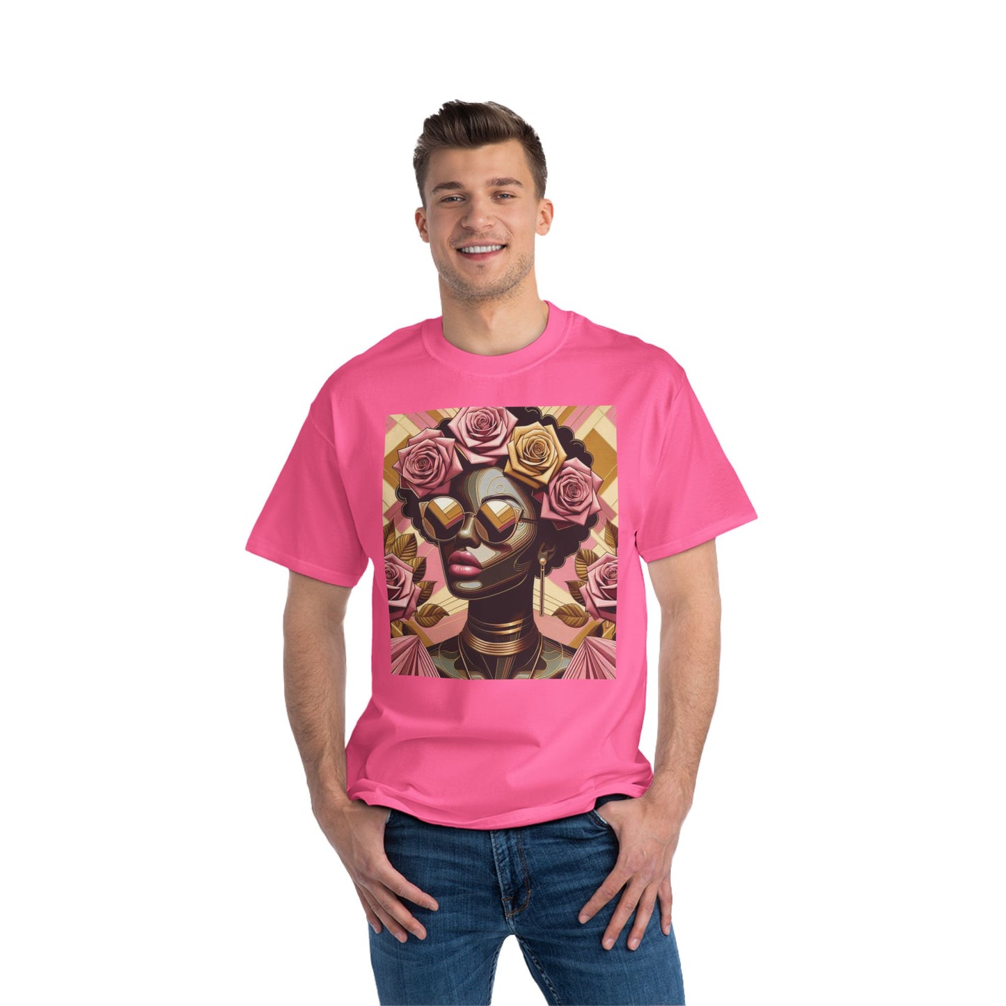 Artistic Floral Feminine T-Shirt, Stylish Tee with Mixed Media Design, Vibrant Short-Sleeve Top, Trendy Casual Wear - Pink Roses Lady