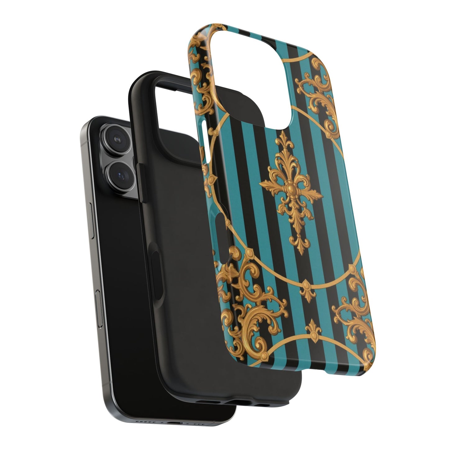 Elegant Turquoise & Black Striped Gold Baroque Phone Case, Tough Phone Cases for Fashion Lovers, Gift for Her, Luxury Accessories