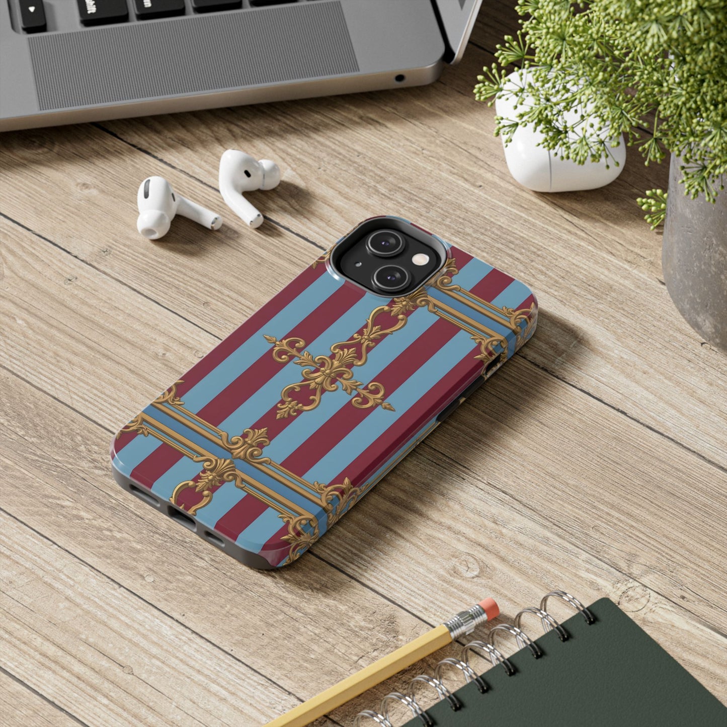 Elegant Patterned Tough Phone Cases, Stylish Phone Cover, Durable Phone Protection, Unique Gift Idea - Sky Blue & Maroon Striped Baroque