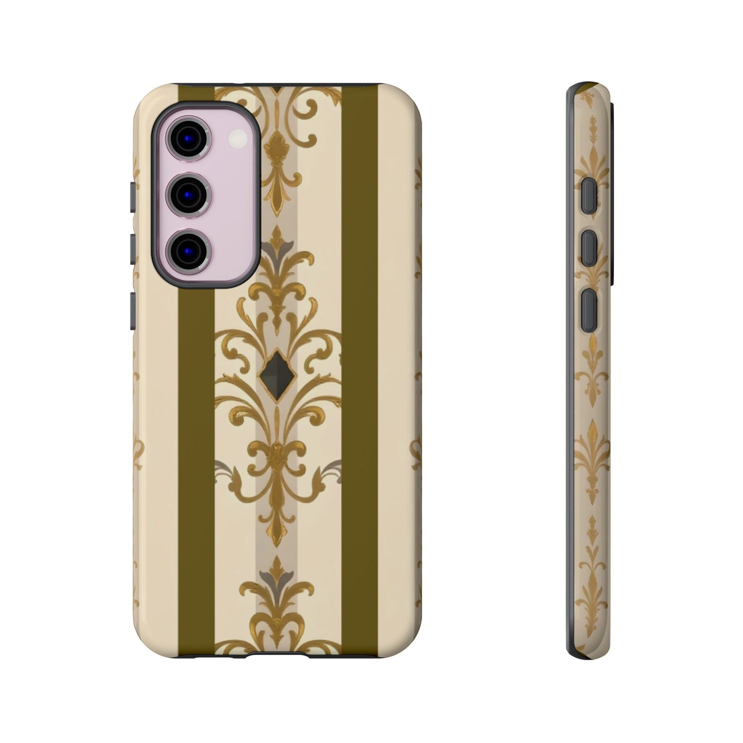 Elegant Floral Motif Phone Case - Tough Cases with Vintage Design - Olive Striped Gold Damask