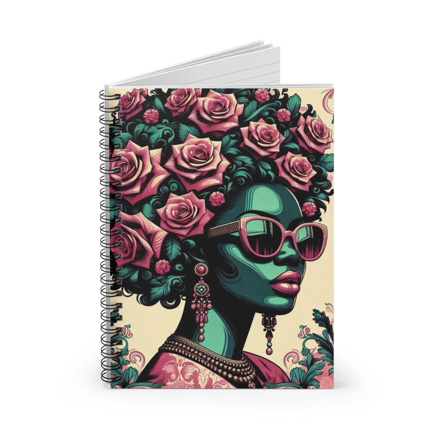 Elegant Vintage Spiral Notebook - Ruled Line with Teal Lady & Damask Design