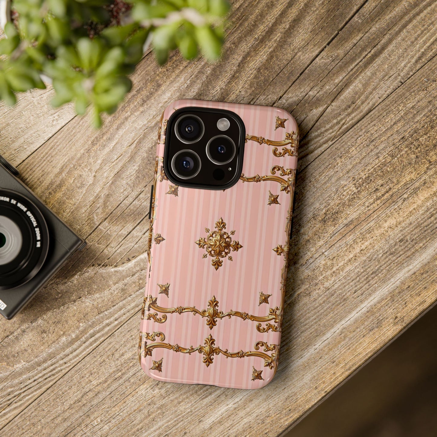 Elegant Floral Phone Case, Tough Cases for Women, Trendy Phone Cover, Chic Gift - Pink Striped Gold Baroque