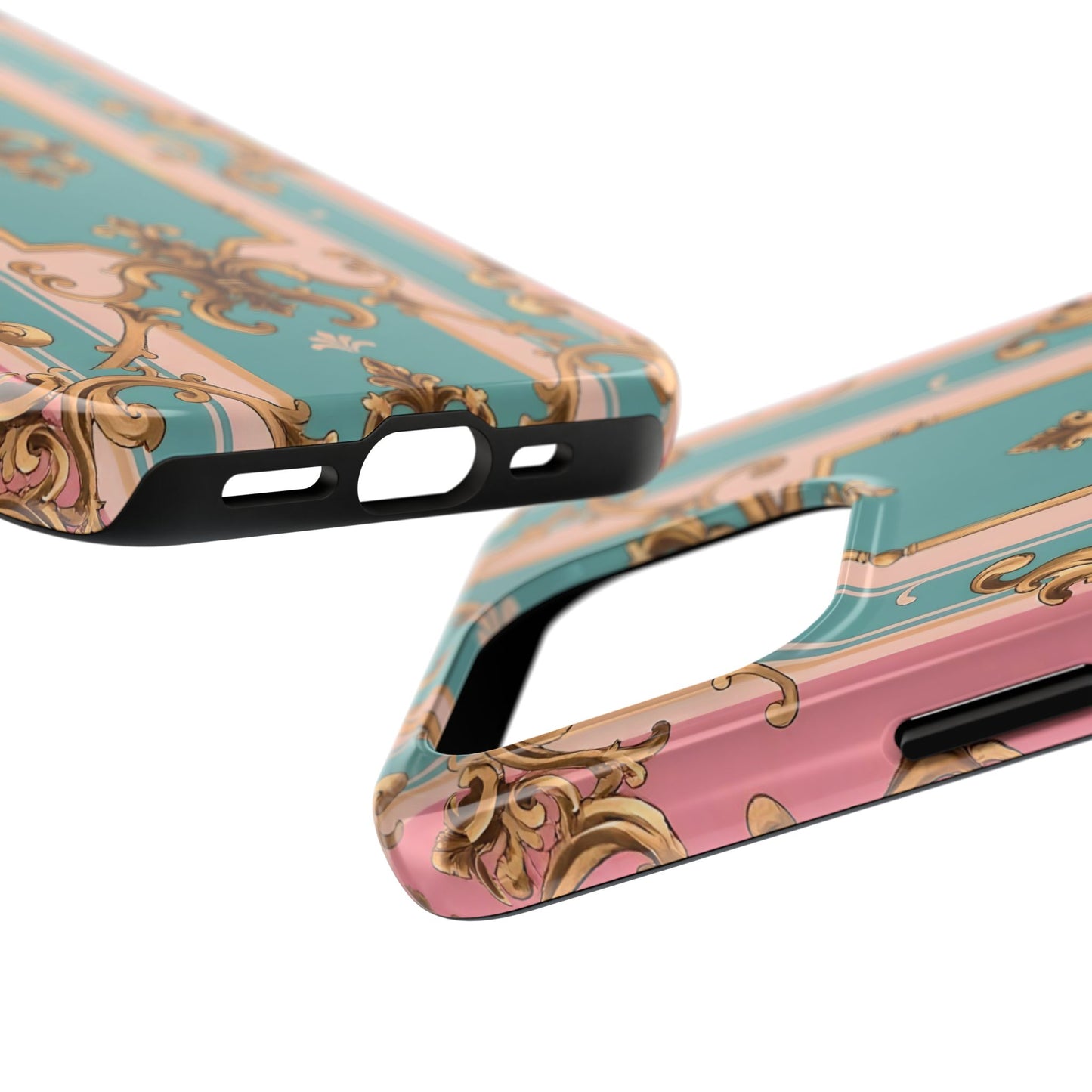 Elegant Floral Tough Phone Case, Artistic Phone Cover, Gift for Her, Chic Phone Accessory - Pink & Matte Turquoise Striped Rococo