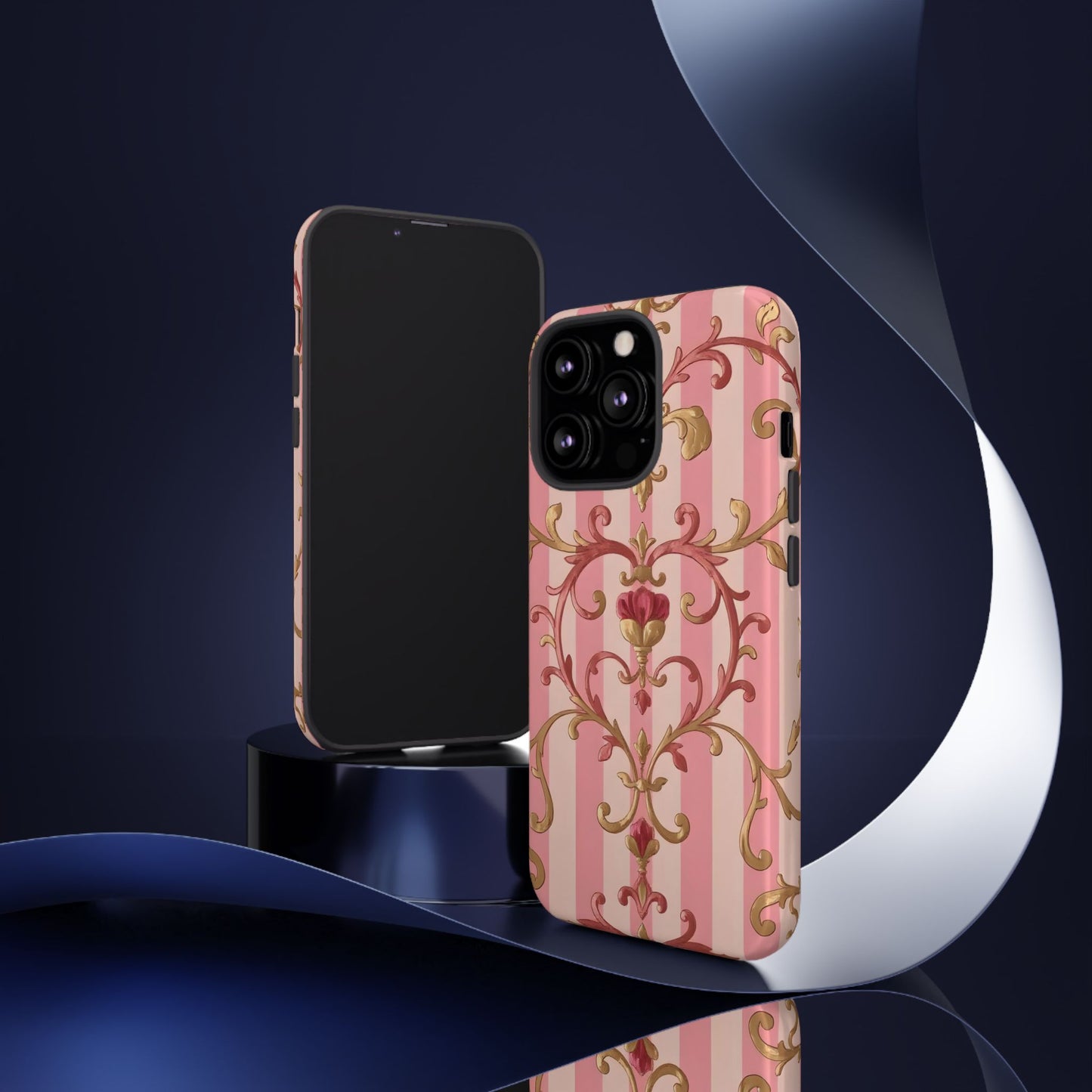 Elegant Floral Motif Phone Case - Tough Cases with Vintage Design - Pink Striped Rose Gold Damask