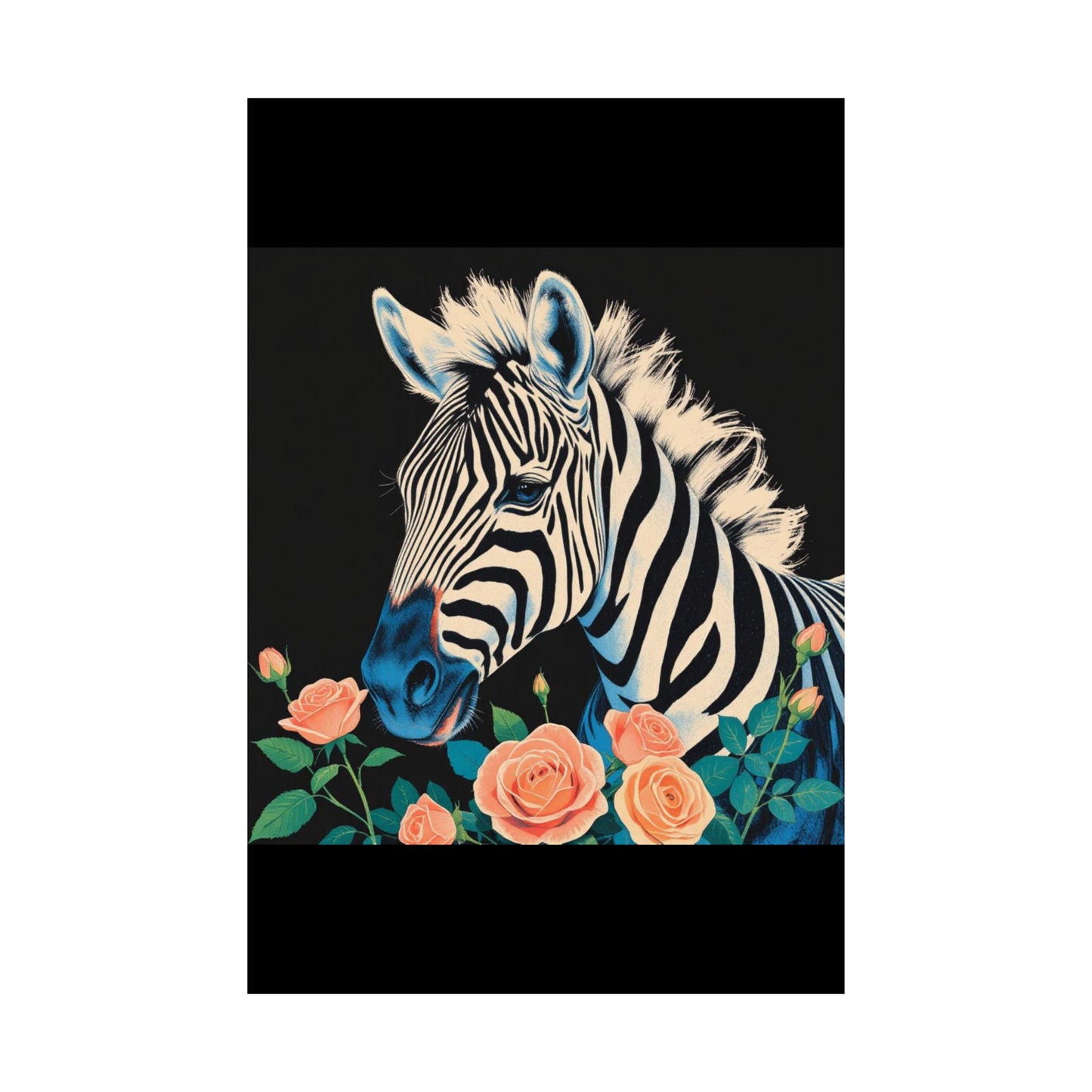 Floral Art Poster - Elegant Matte Vertical Wall Decor - Blue Zebra & Roses