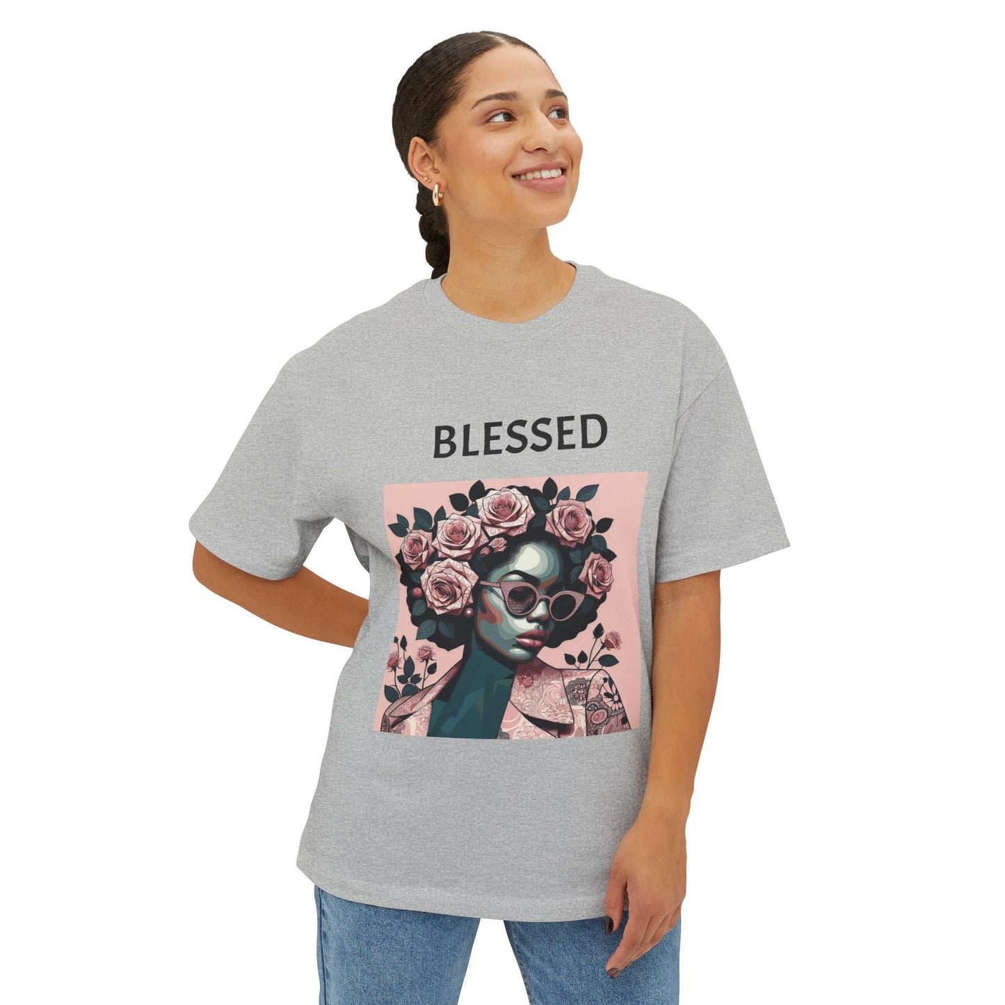 Blessed Floral Oversized Tee | Unisex Fashion, Trendy Streetwear, Gift Idea, Spiritual Apparel, Chill Vibe Shirt - Black Lettering