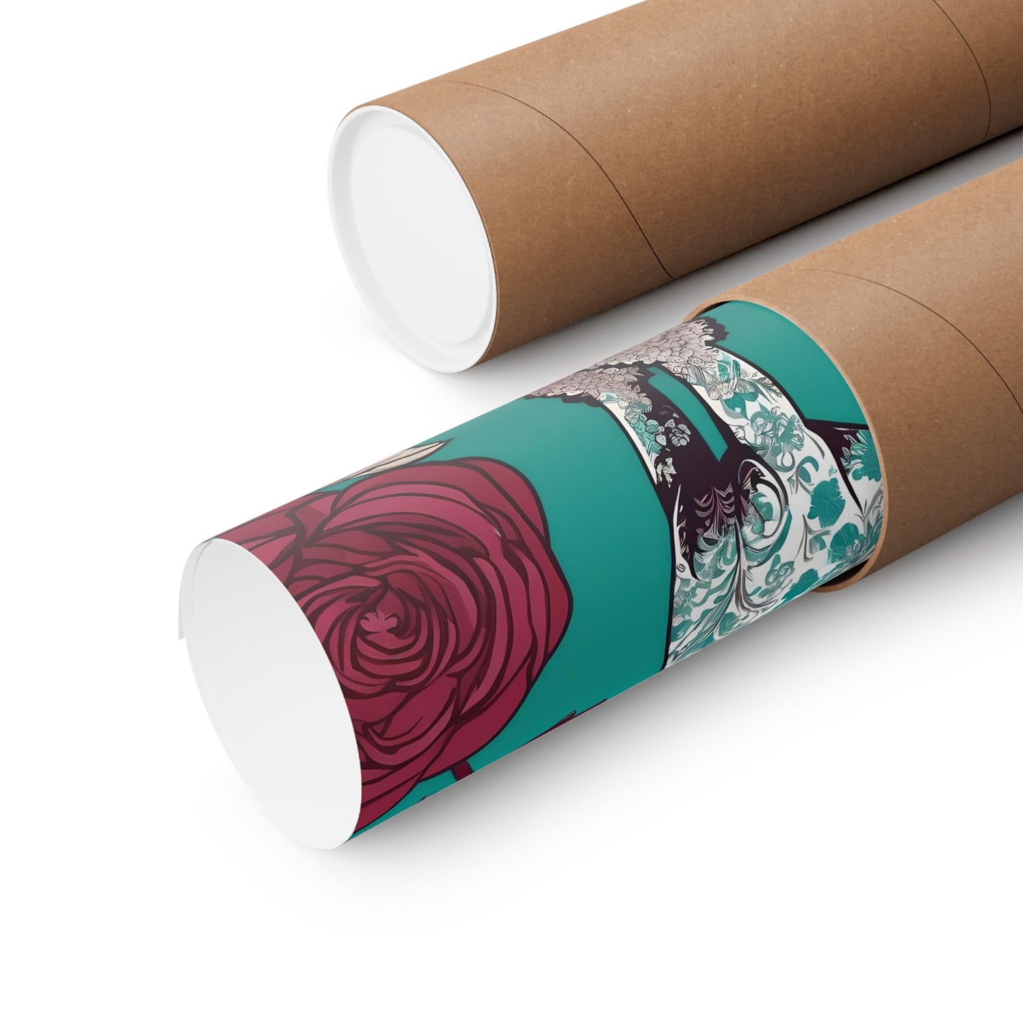 Vertical Poster - Elegant Matte Floral Art Wall Decor - Damask Aqua & White Poodle With Burgundy Roses