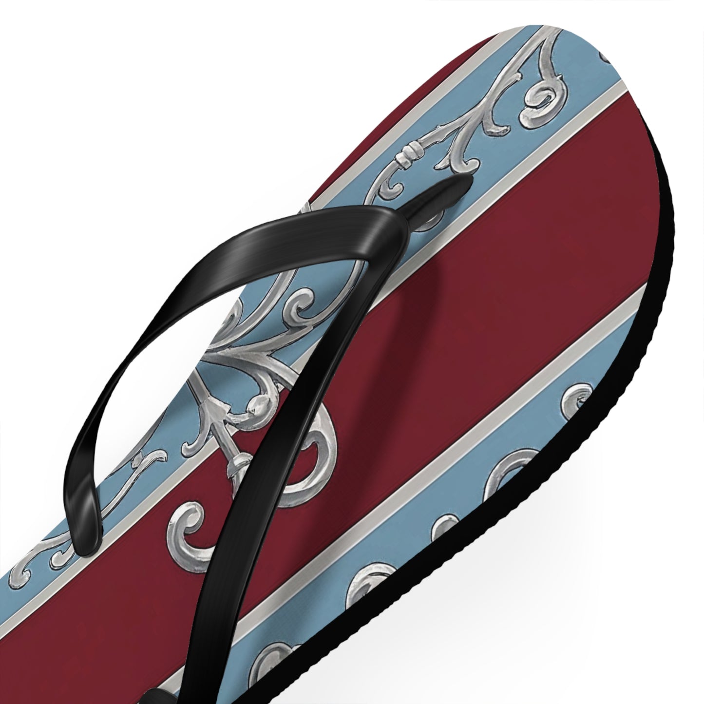 Elegant Vintage Flip Flops - Stylish Summer Footwear with Classic Design - Ice Blue & Burgundy Striped Baroque