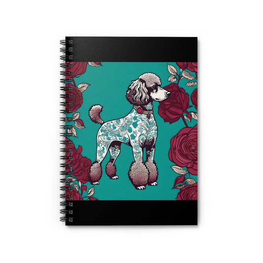 Elegant Vintage Spiral Notebook - Ruled Line with Damask Aqua & White Poodle With Burgundy Roses