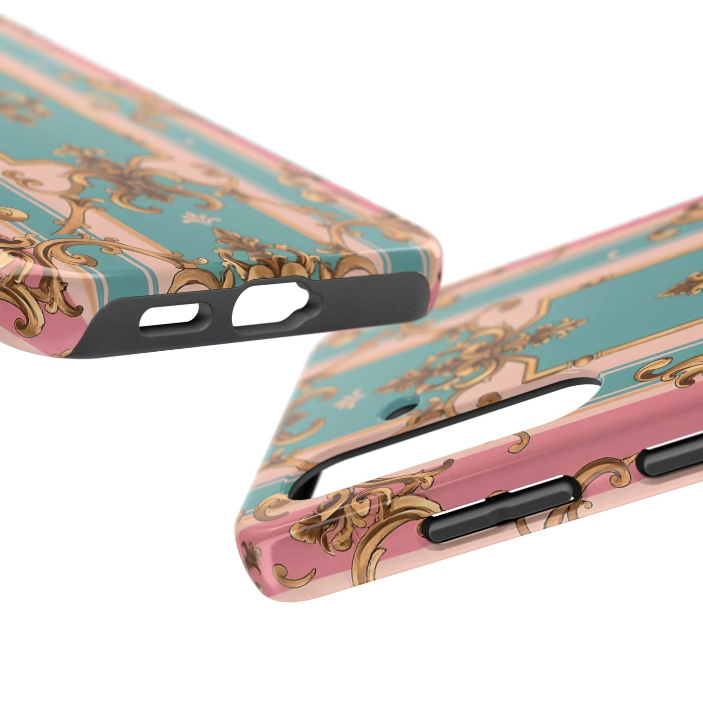 Elegant Floral Tough Phone Case, Artistic Phone Cover, Gift for Her, Chic Phone Accessory - Pink & Matte Turquoise Striped Rococo