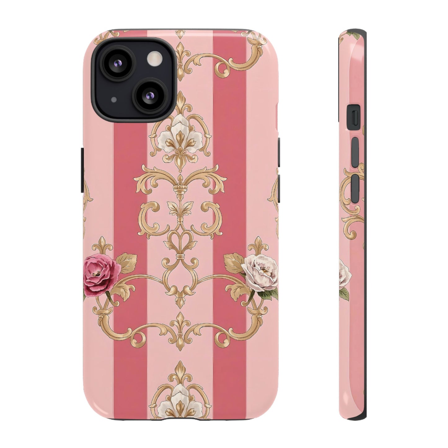 Elegant Floral Motif Phone Case - Tough Cases with Vintage Design - Pink Striped Roses & Damask