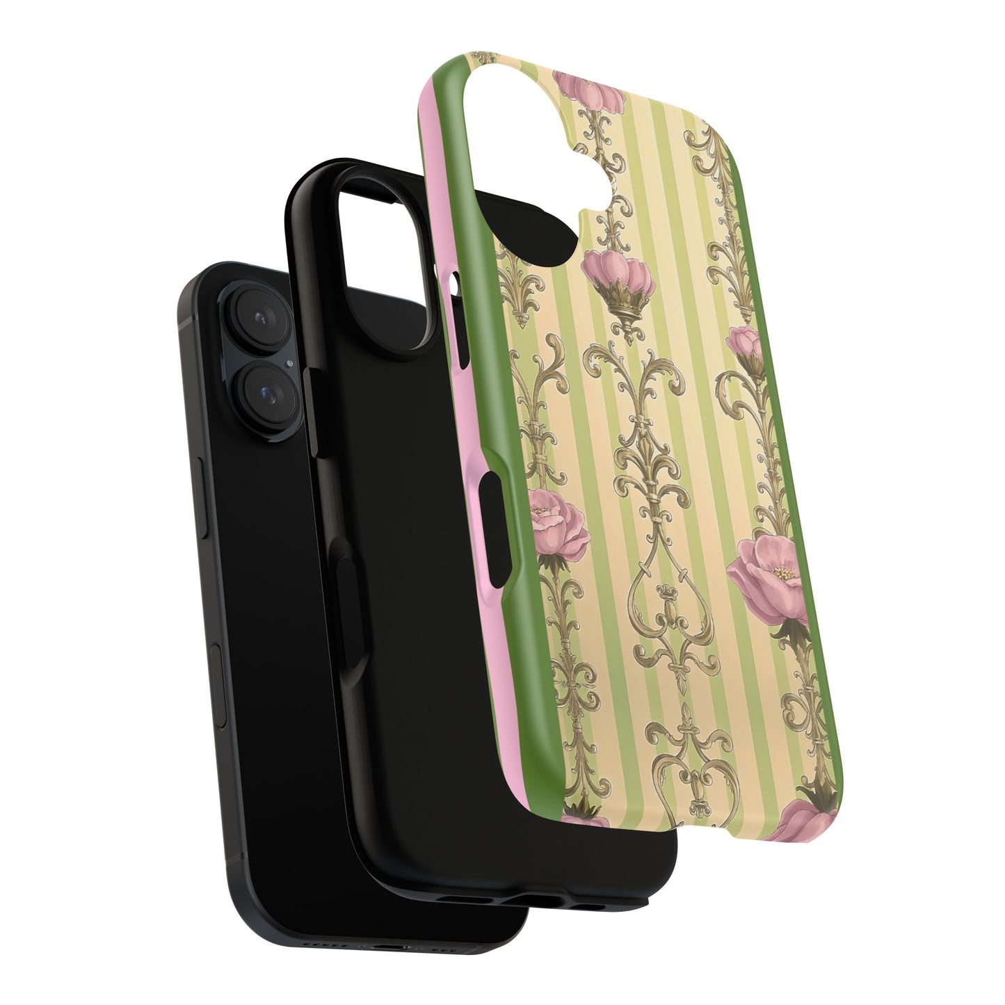 Elegant Floral Motif Phone Case - Tough Cases with Vintage Design - Lime Green & Pink Striped Damask