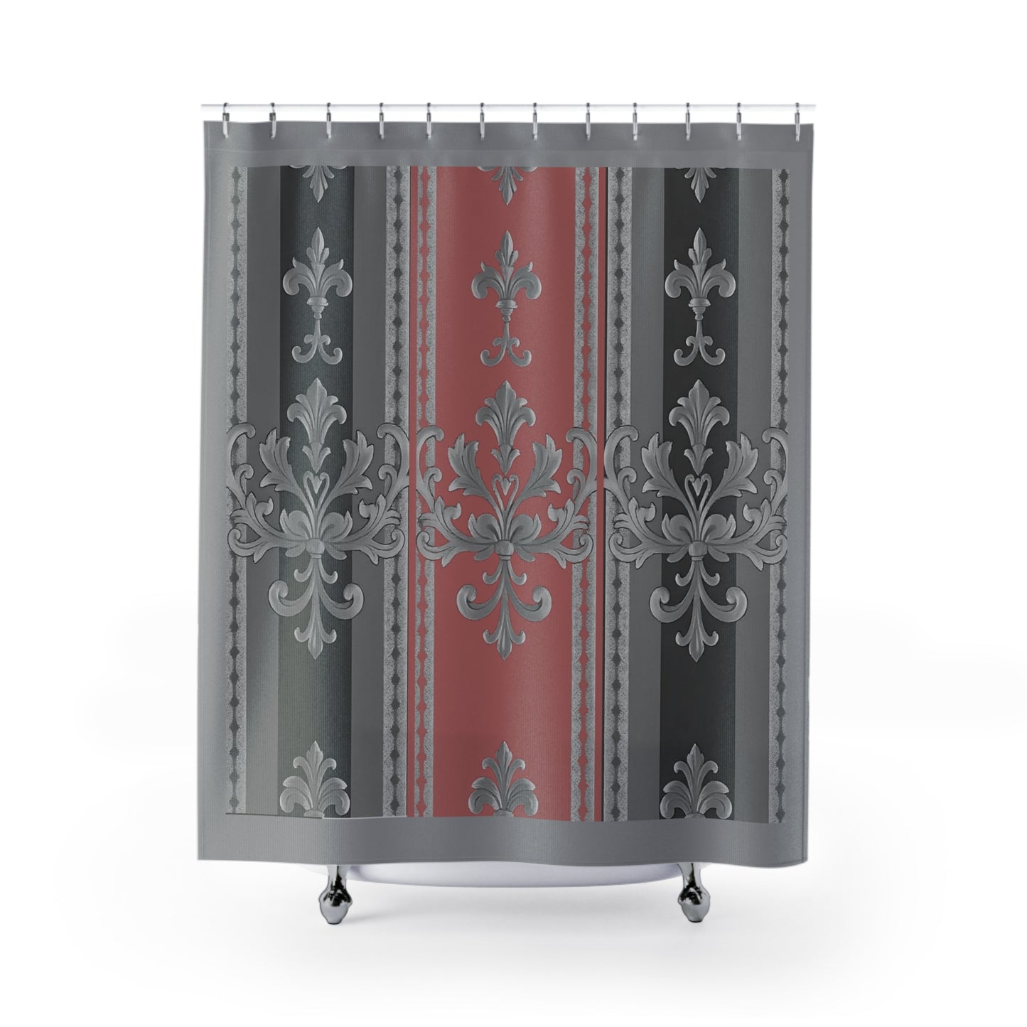 Elegant Vintage Shower Curtain with Floral Design - Gray & Mauve Striped Baroque