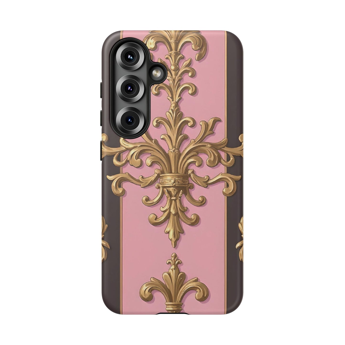 Elegant Floral Motif Phone Case - Tough Cases with Vintage Design - Pink & Brown Striped Gold Damask