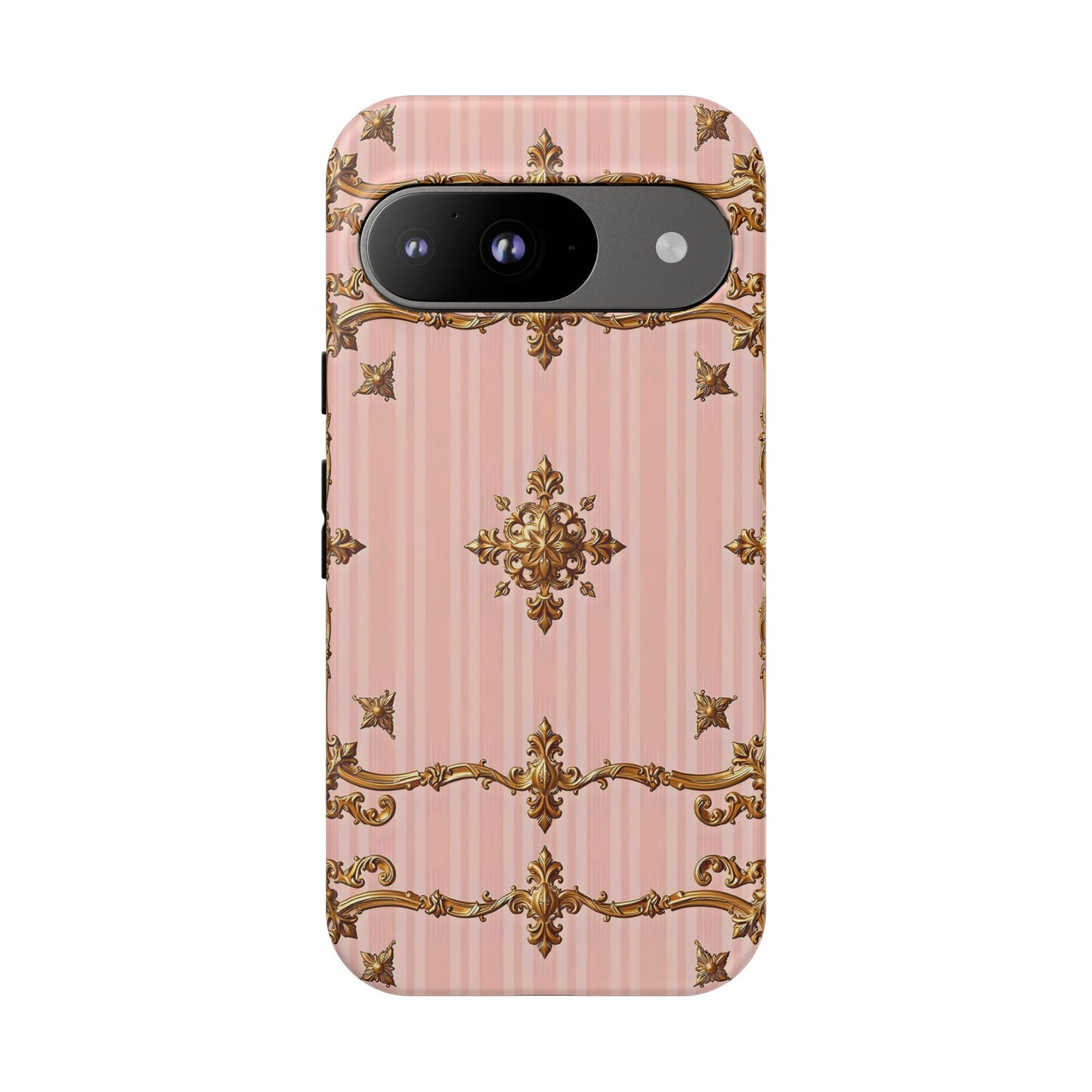 Elegant Floral Phone Case, Tough Cases for Women, Trendy Phone Cover, Chic Gift - Pink Striped Gold Baroque