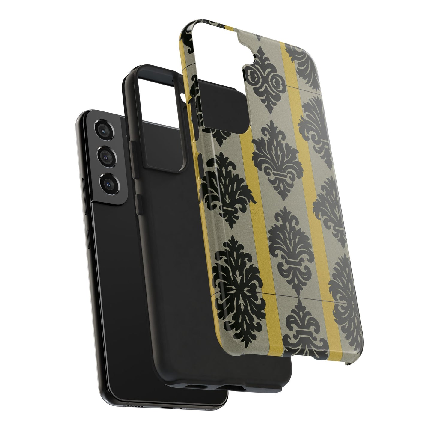 Elegant Baroque Tough Phone Cases | Chic Phone Protection | Gift for Her | Stylish Accessory | Holiday Gift Idea | Silver & Gold Striped Black Baroque