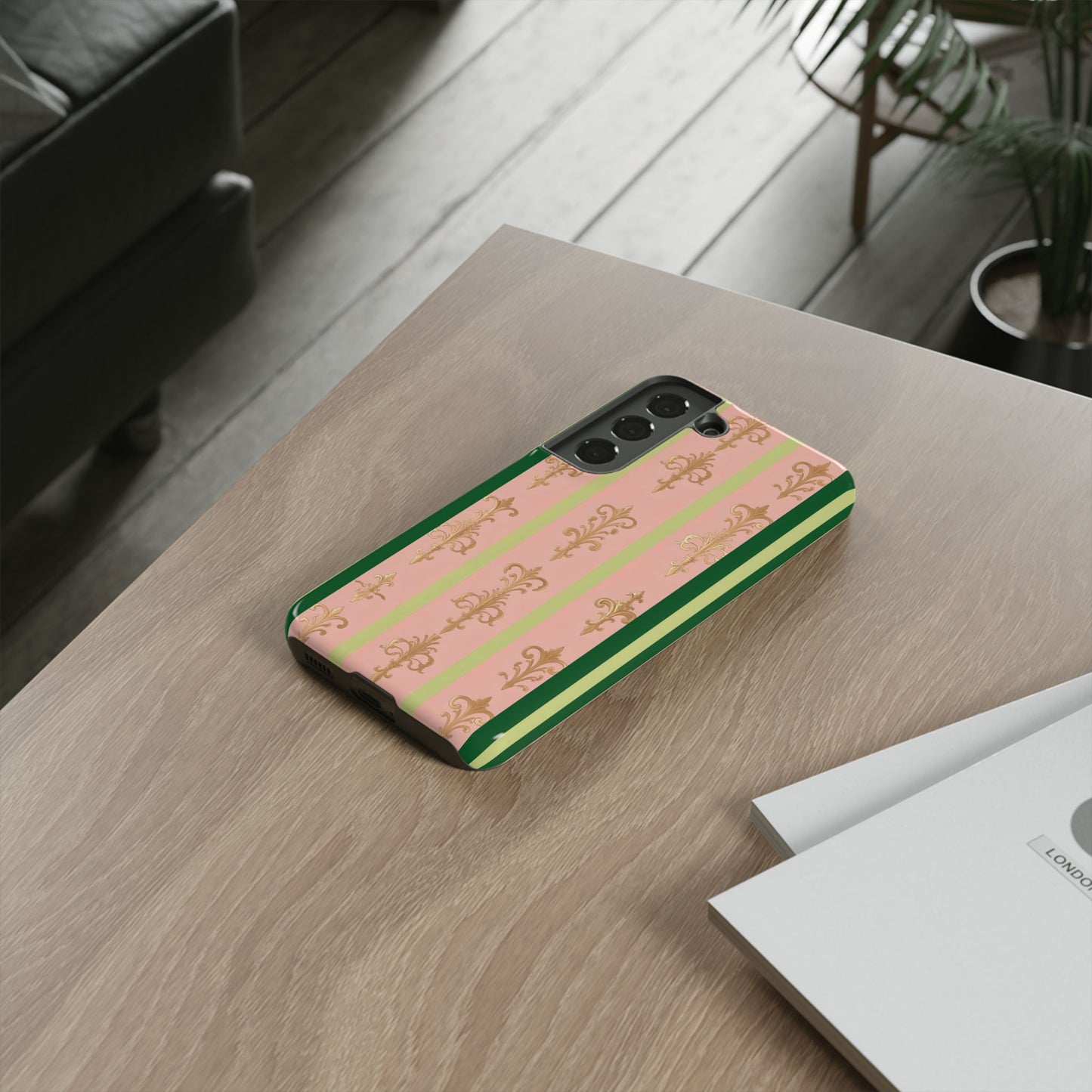 Elegant Floral Motif Phone Case - Tough Cases with Vintage Design - Lime Green & Pink Striped Damask
