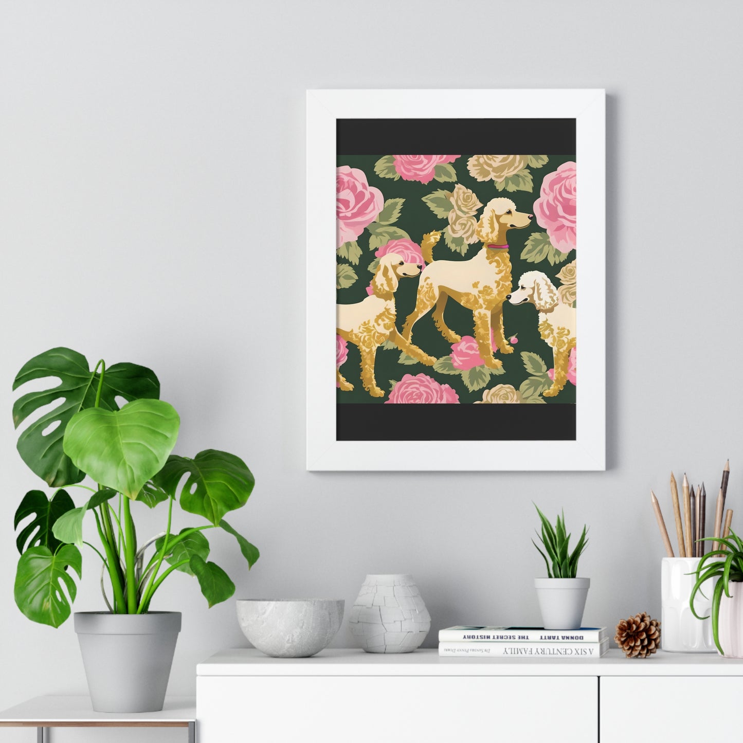 Vertical Poster - Stylish Framed - Art for Home Decor - Poodles In Dark Green & Pink Roses