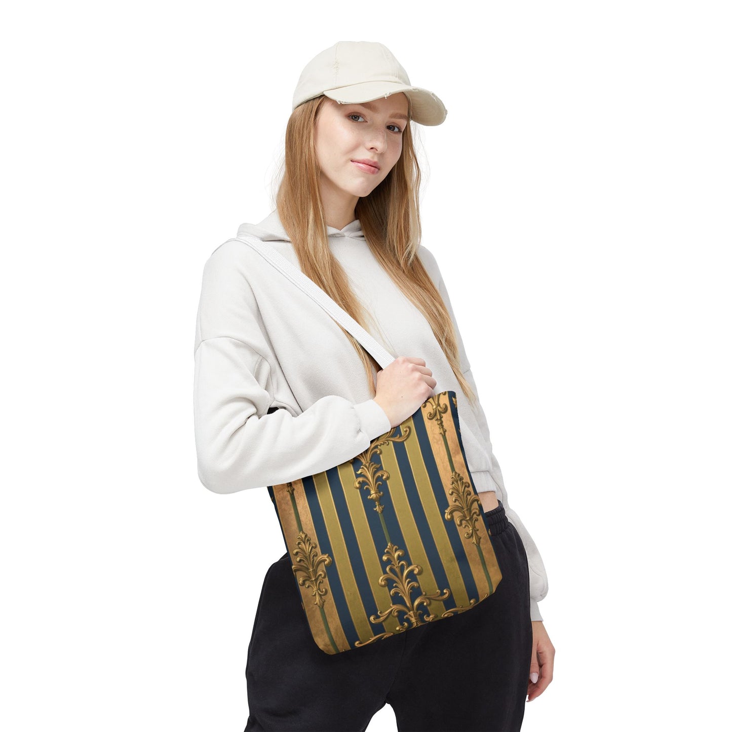 Elegant Midnight Blue & Olive Striped Gold Baroque Golden Striped Tote Bag, Stylish Shopping Bag, Trendy Handbag, Chic Gift for Her