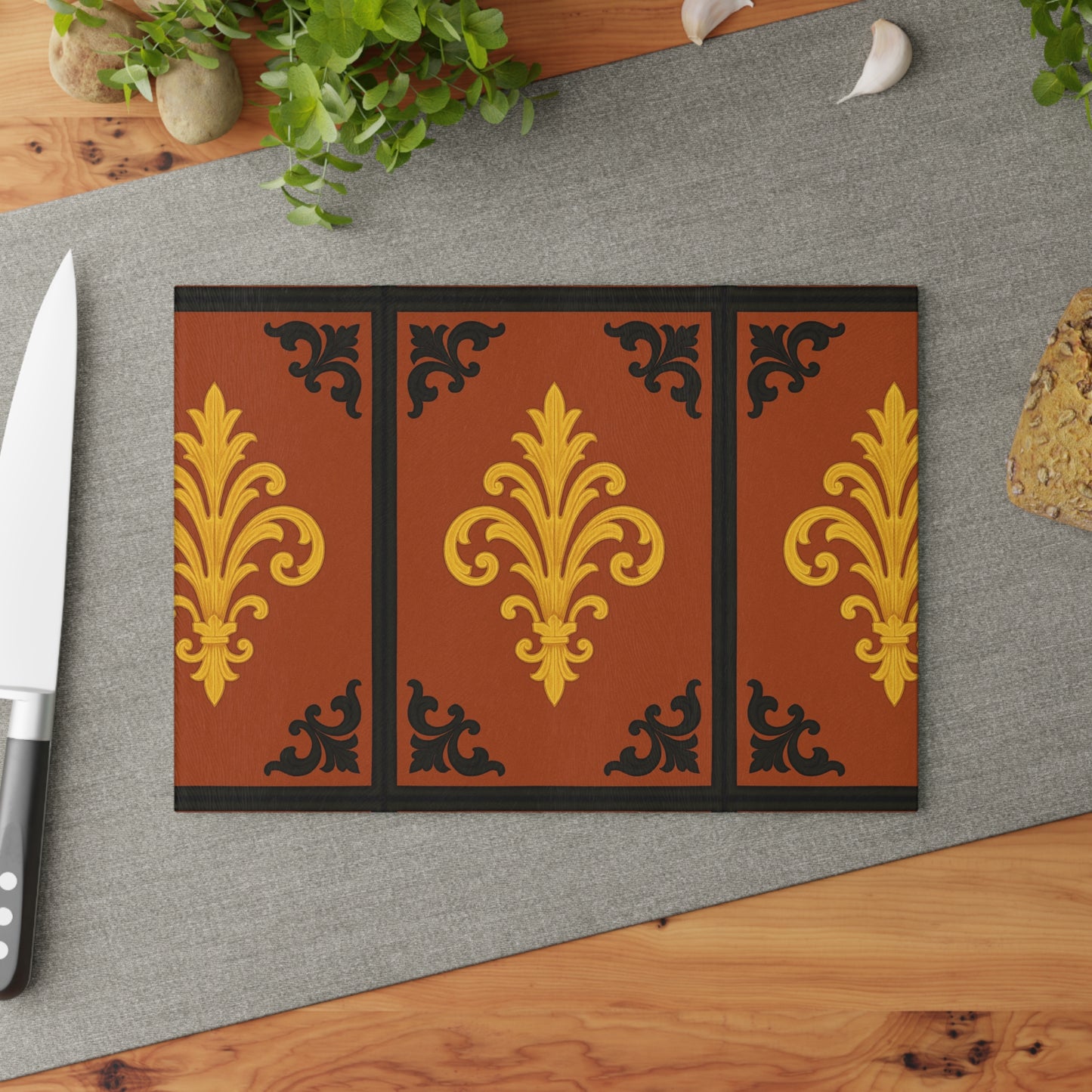 Dusk Terracotta Baroque Glass Cutting Board with Ornate Gold Baroque Design — Decorative Kitchen Serving Board