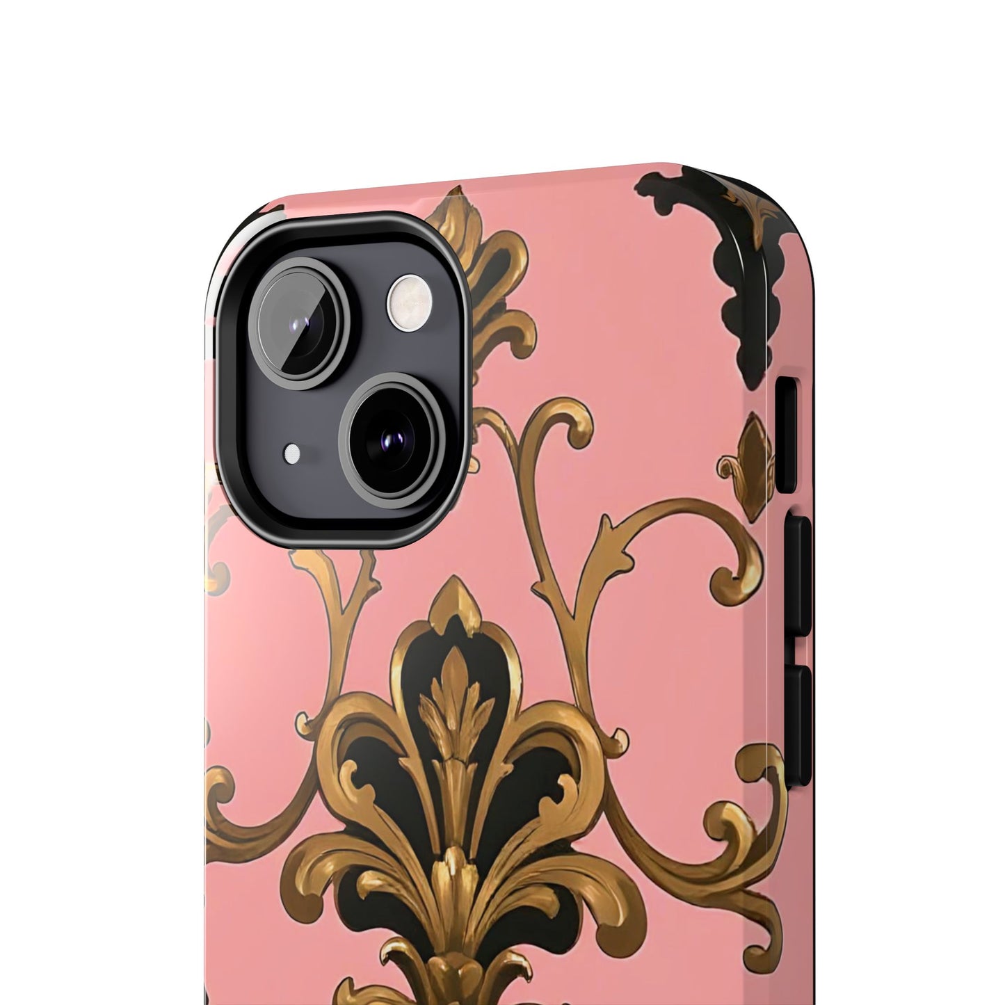 Chic Tough Phone Cases with Floral Design, Elegant Phone Cover, Durable Smartphone Case, Stylish Tech Accessory - Pink, Black & Gold Rococo