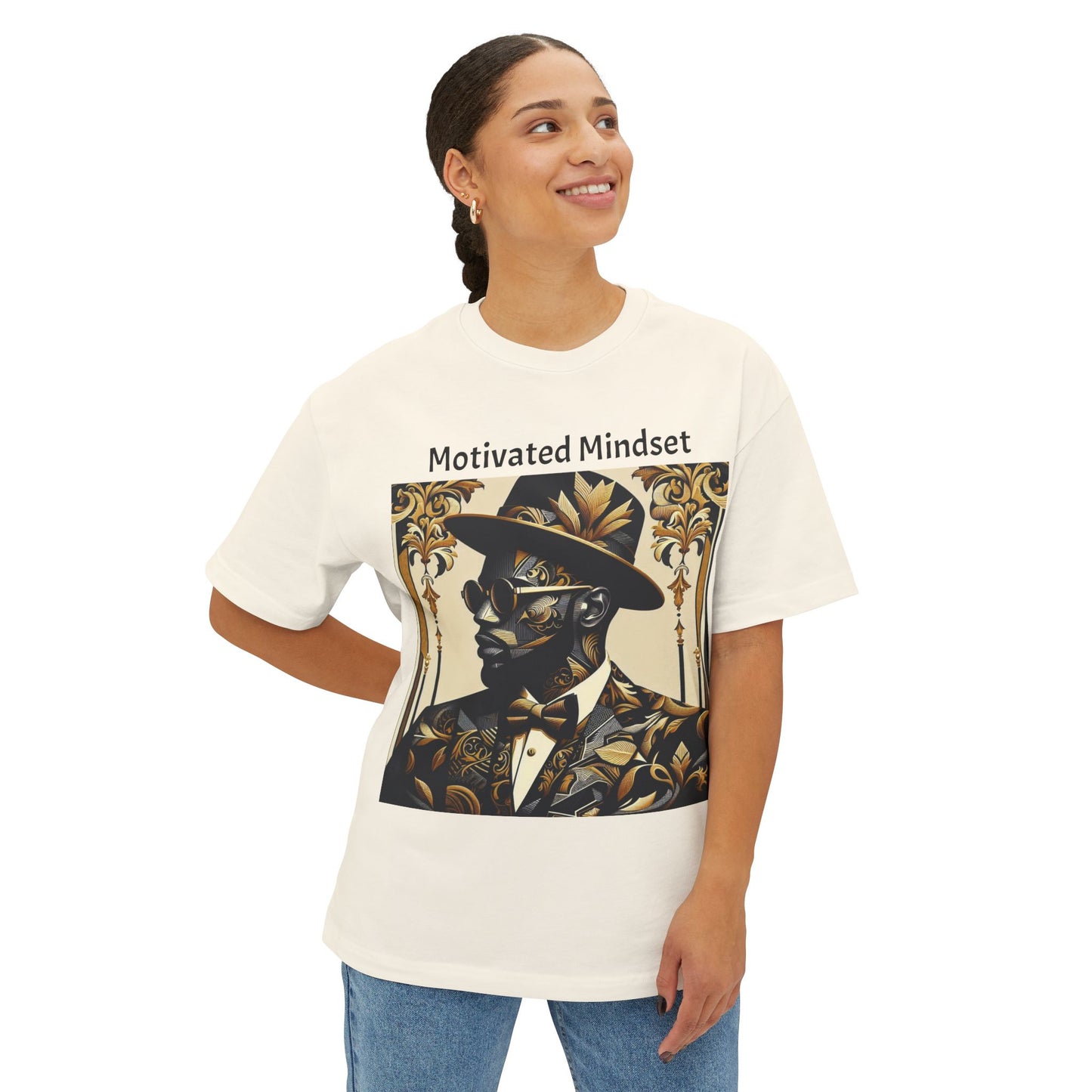 Motivated Mindset Boxy Tee | Unisex Oversized T-Shirt, Gift for Dreamers, Casual Wear, Inspirational Fashion - Black Letters