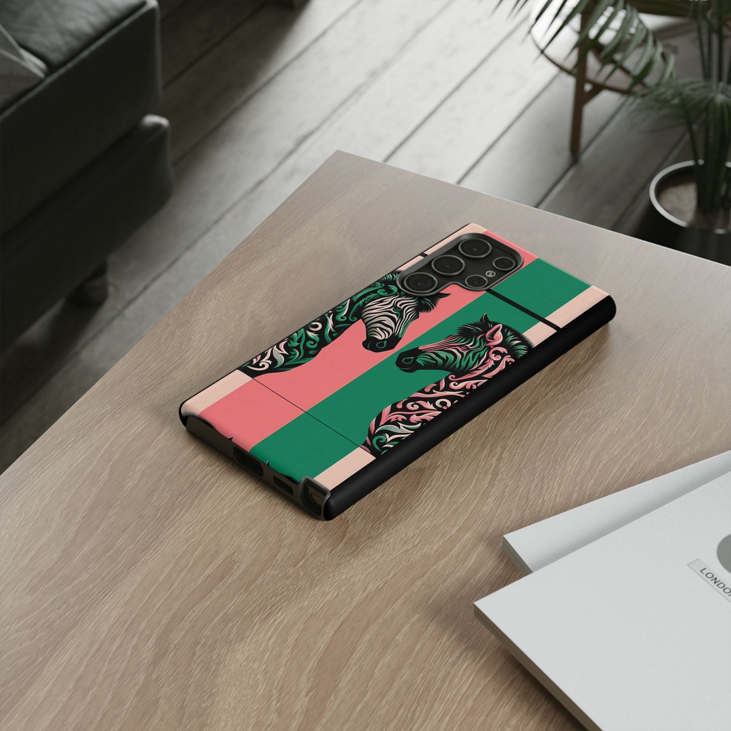 Phone Case - Elegant Pink & Green Zebra Damask Design