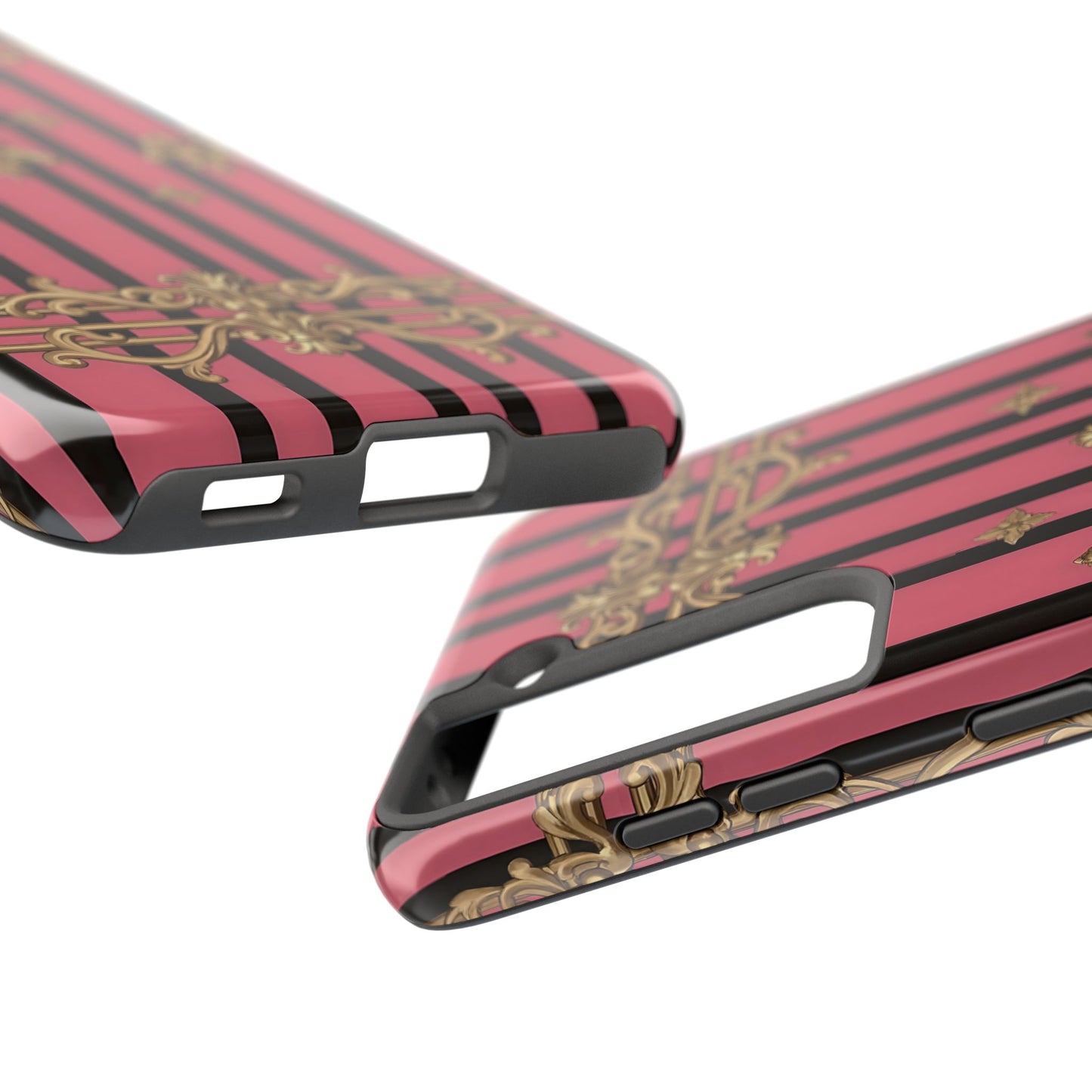 Elegant Floral Phone Cases, Stylish Protective Case for Trendy Individuals, Unique Gift for Tech Lovers, Phone Accessories - Pink Striped Gold Rococo