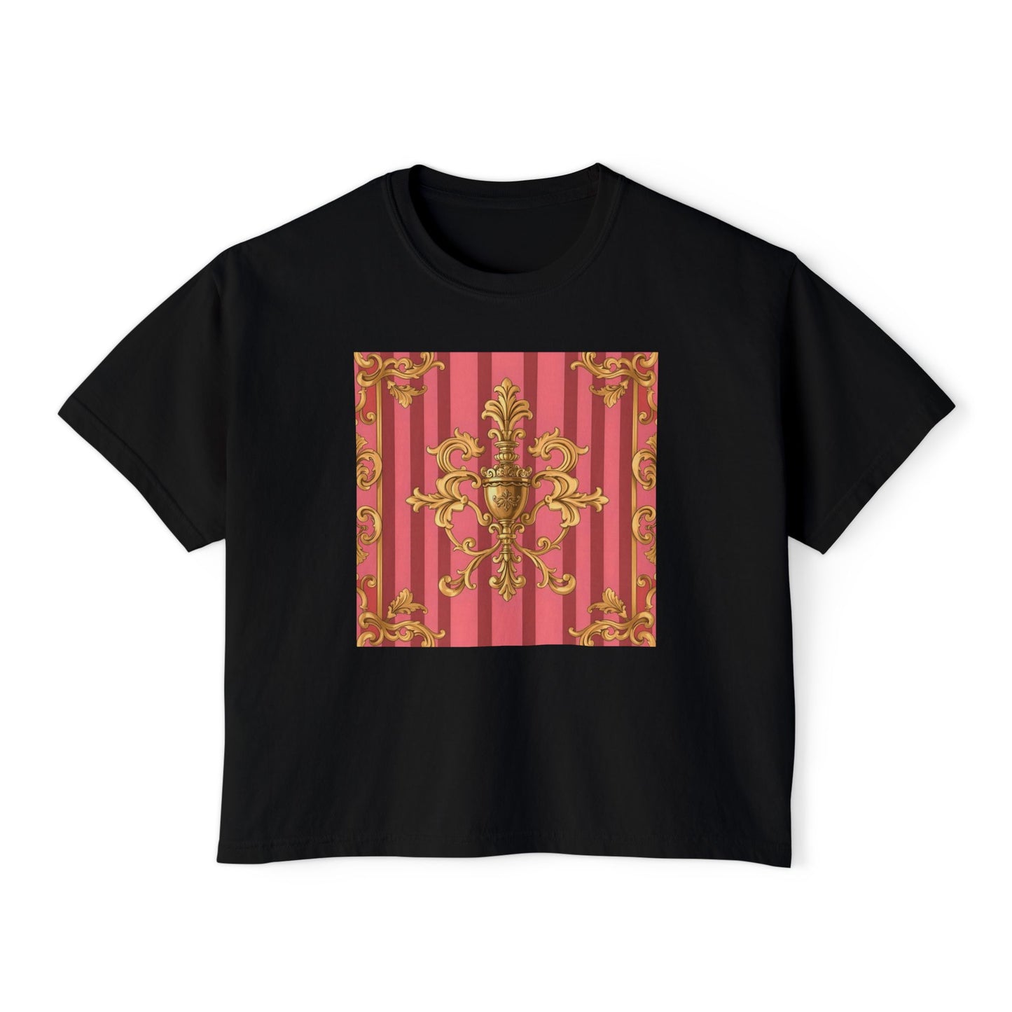 Chic Floral Boxy Tee, Trendy Women's Top, Casual Summer Fashion, Vintage Inspired Tee, Great for Festivals - Pink Striped Gold Baroque