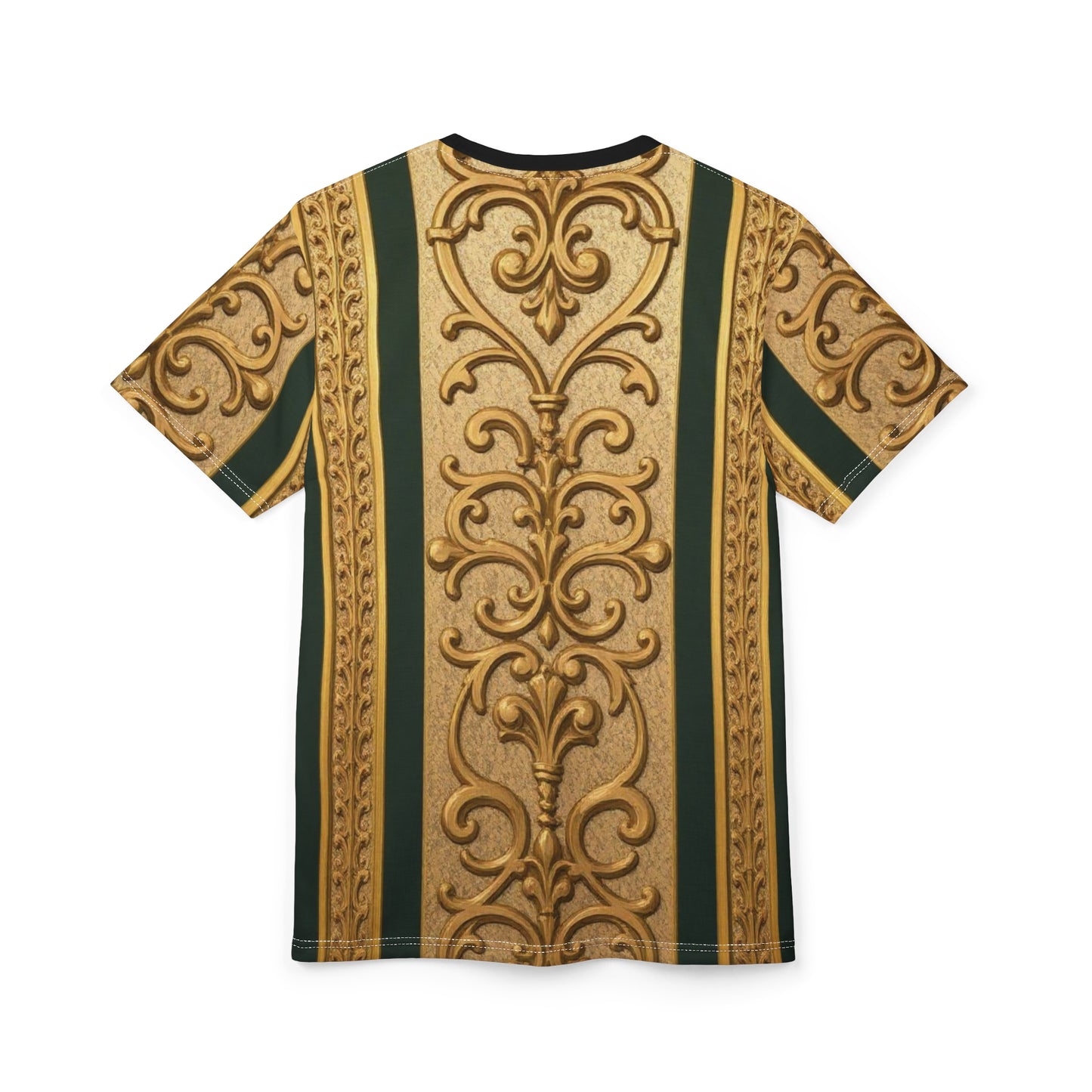 Elegant Teal Striped Gold Baroque Ornate Unisex Tee, Boho Chic Shirt, Gift for Art Lovers, Unique Art Top, Fashion Statement Tee