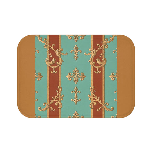 Elegant Vintage Bath Mat - Luxurious Bathroom Decor - Rust & Mint Aqua Striped Baroque