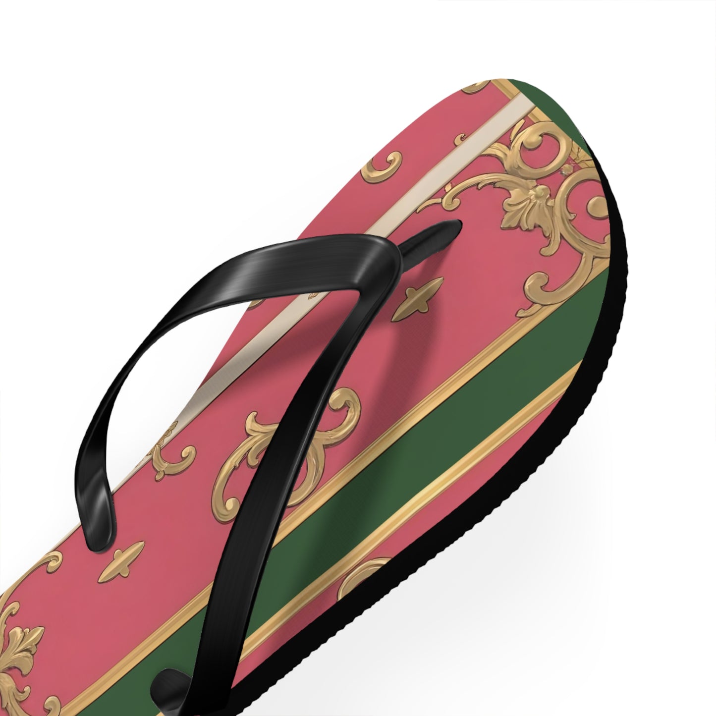 Elegant Green Border Pink Striped Baroque Flip Flops, Summer Footwear, Vacation Sandals, Beach Accessories, Stylish Thong Slippers